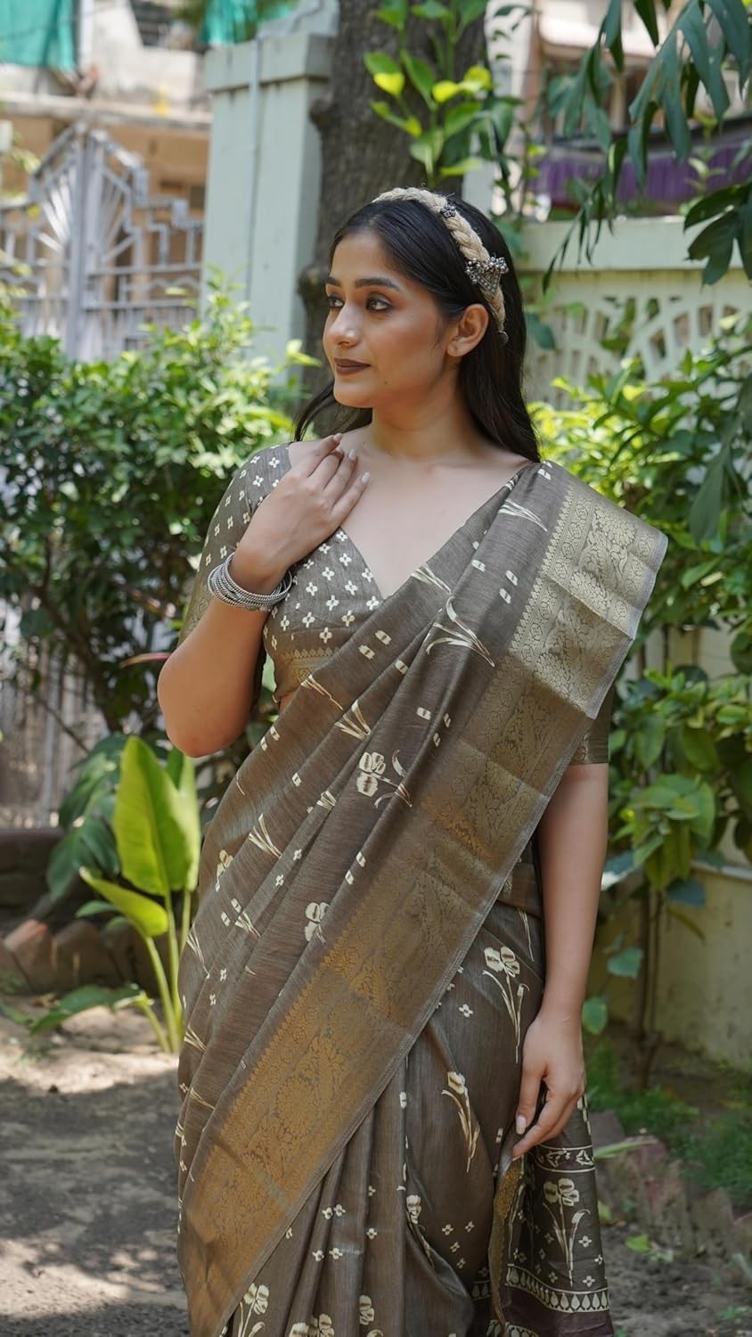 Women’s Silk Blend Block Printed Saree with Blouse Piece