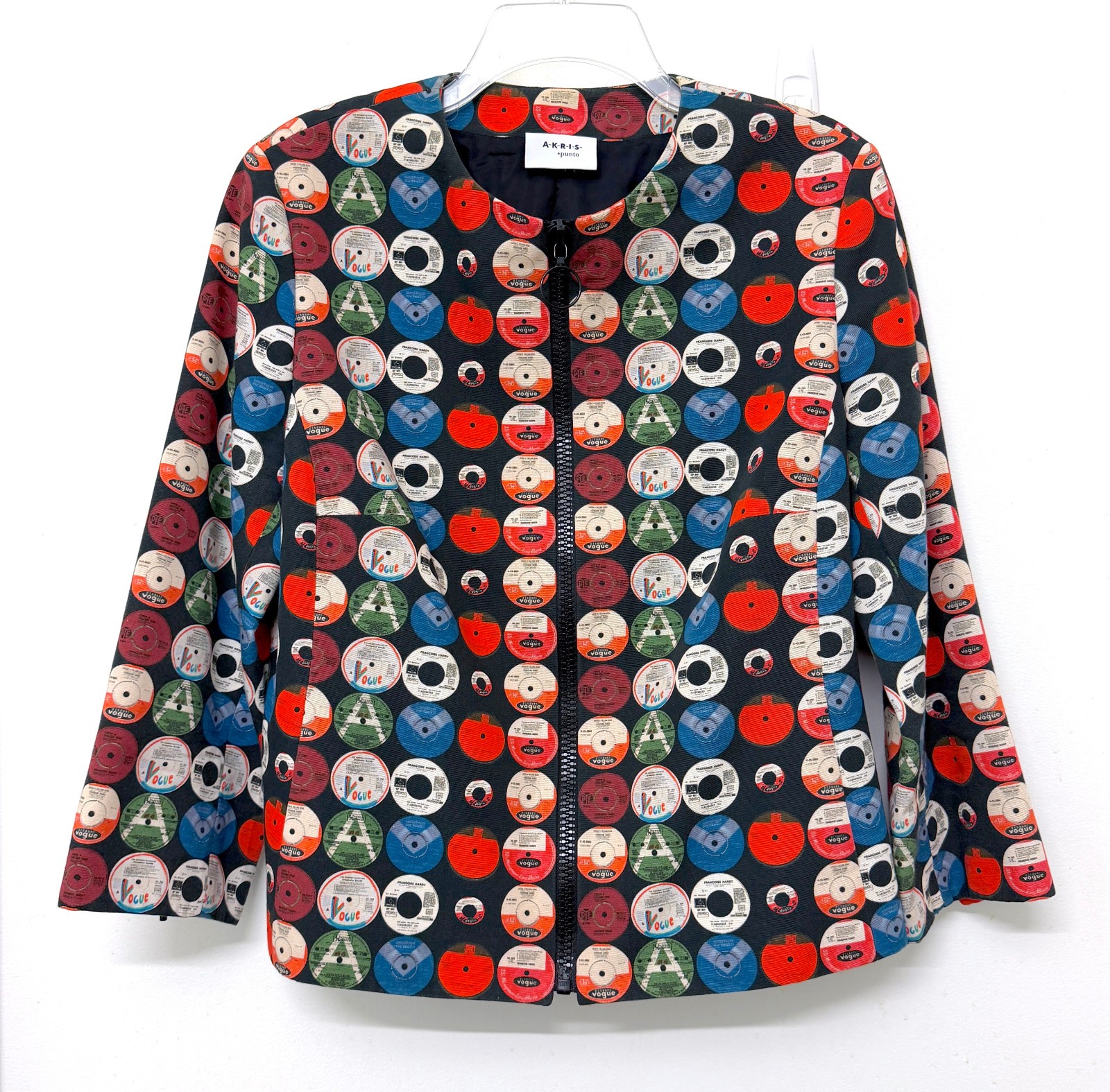 Akris Punto Record Print Jacket Top Dots Circles Vinyl CDs Colorful Full Zip 14