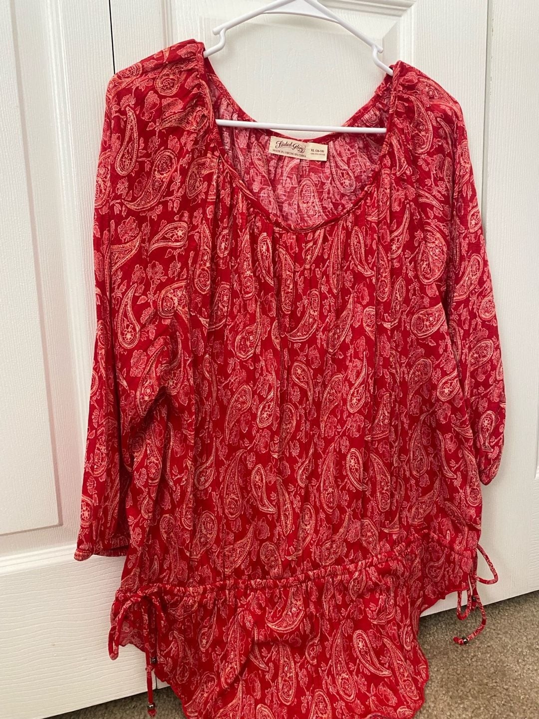 Faded Glory Plus Size XL 16-18 Red Paisley Boho Peasant Blouse