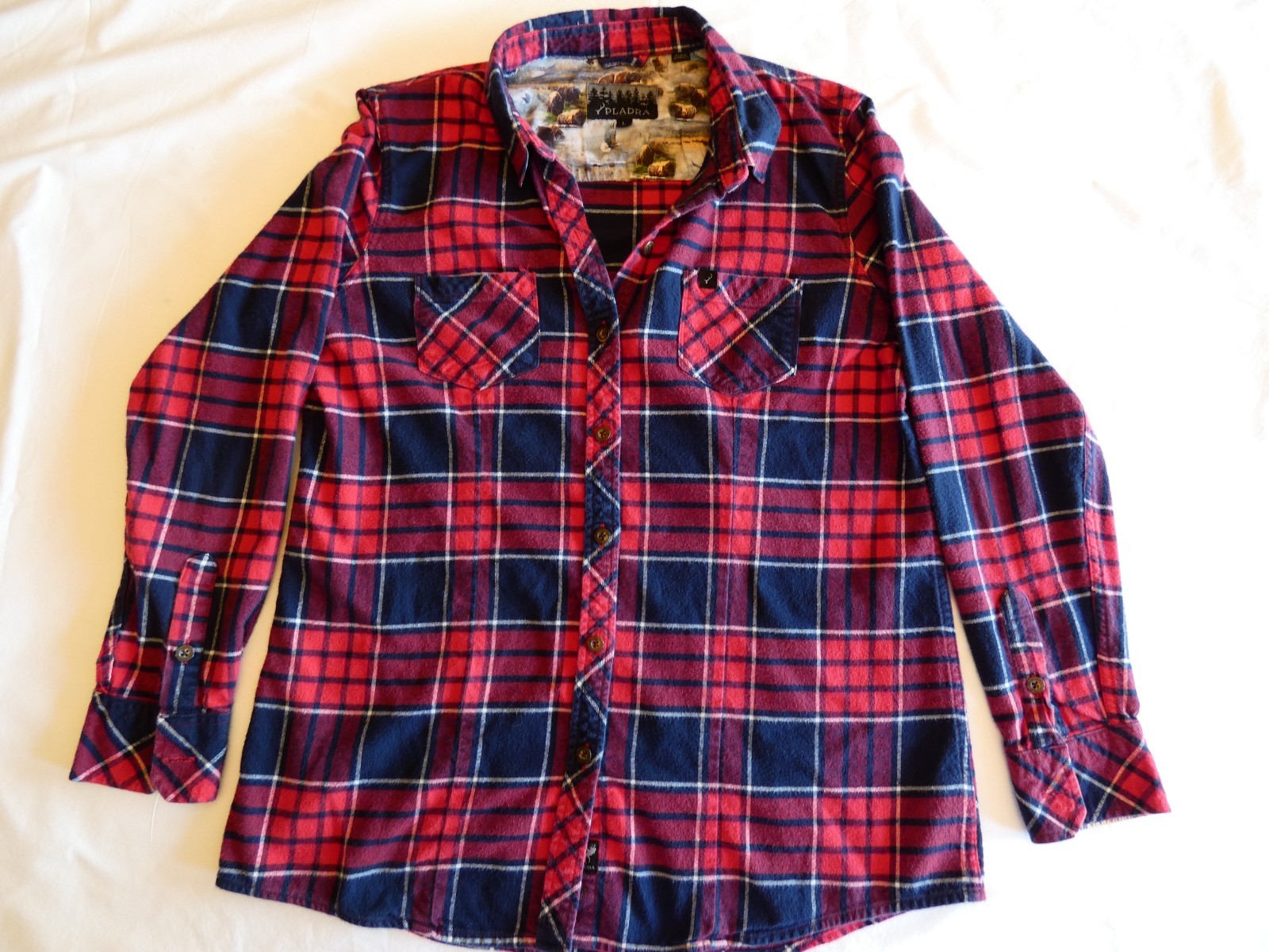 Pladra Men’s Red Navy Plaid Flannel Shirt 100% Cotton Outdoor Western L