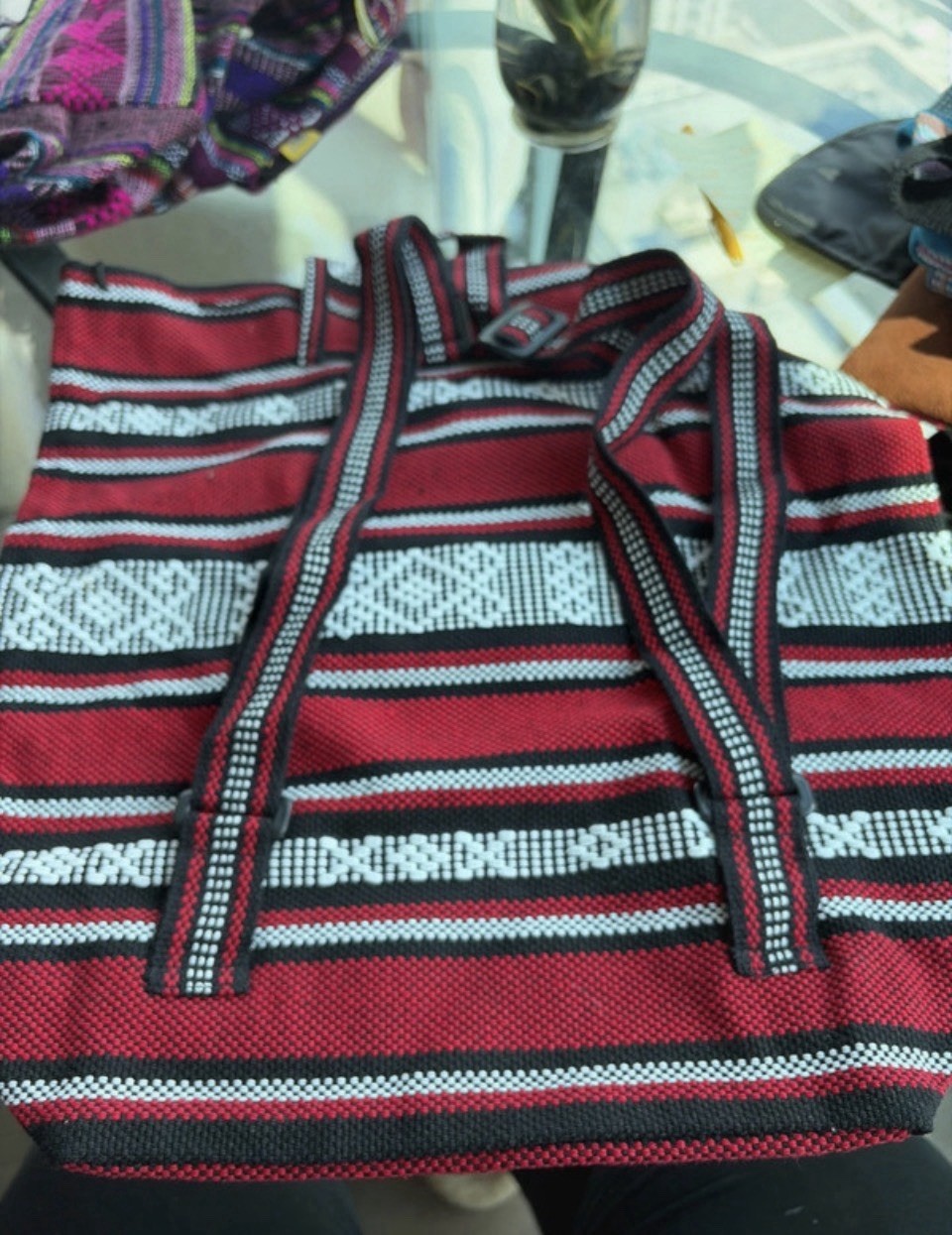 Red Black White Striped Rectangle Tote Bag Double Handles Strap Accent