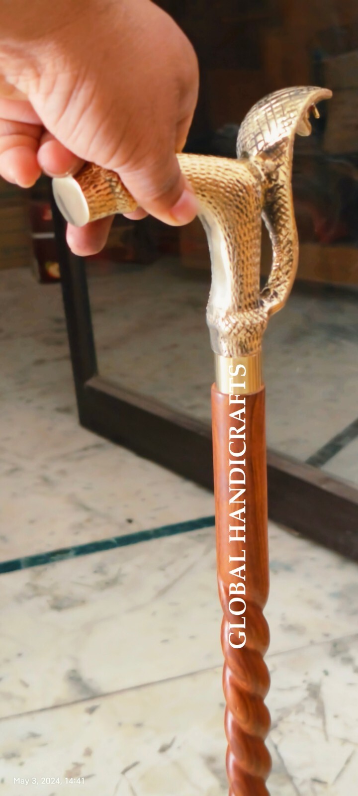 Nautical Brass Designer Snake Handle brown wooden SPIRAL curved walking stick