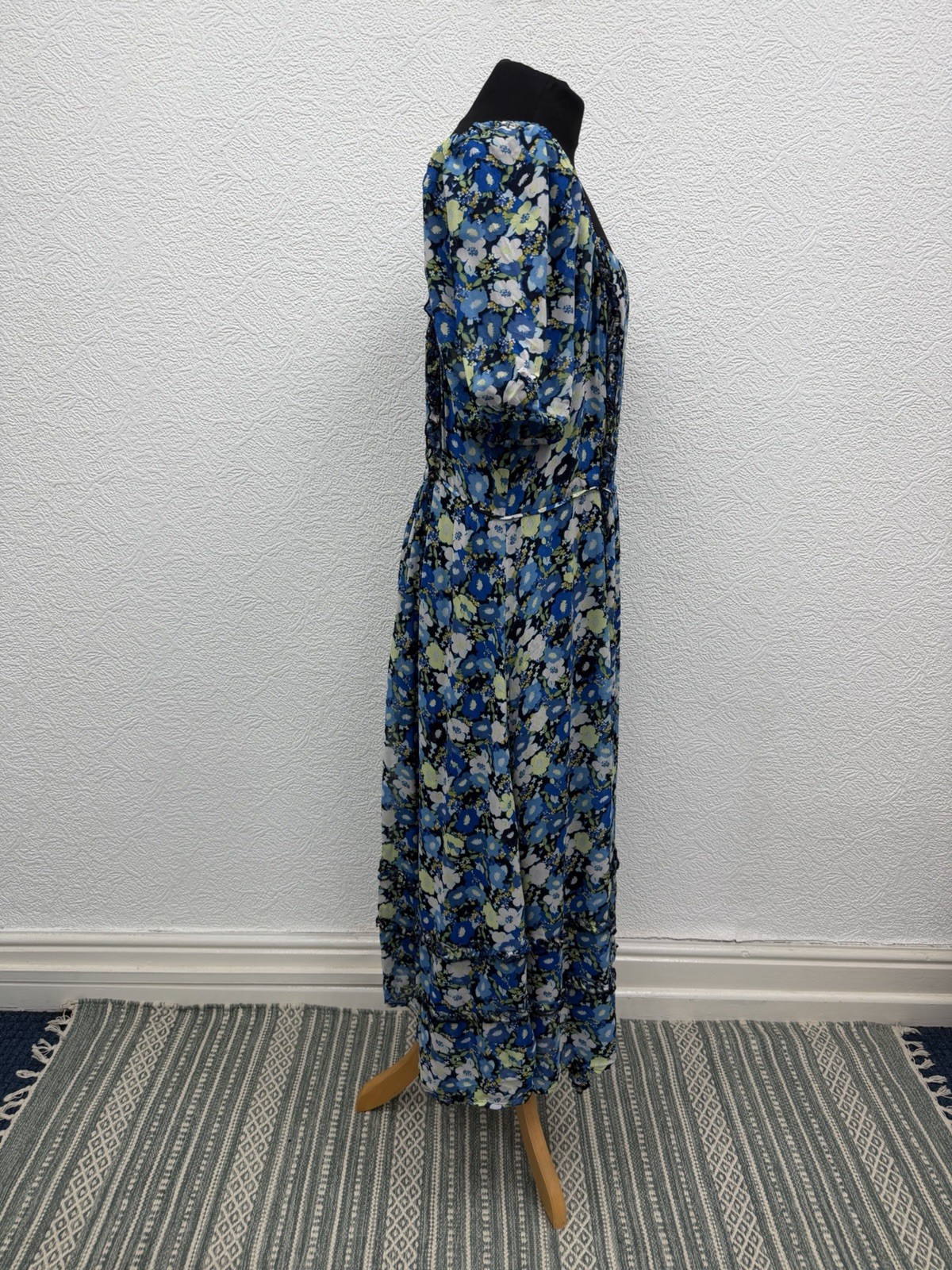 Monsoon Size 16 Dress Blue Floral Midi Maxi Prairie Cottagecore Puff Sleeve