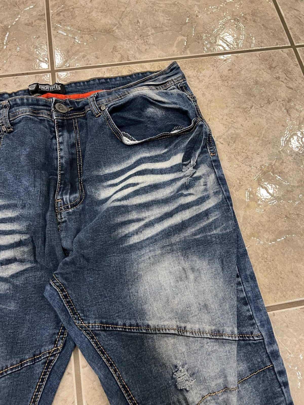 ENCRYPTED Men’s 40 Acid Wash Biker Jeans Slim Fit Moto Skinny Blue Denim