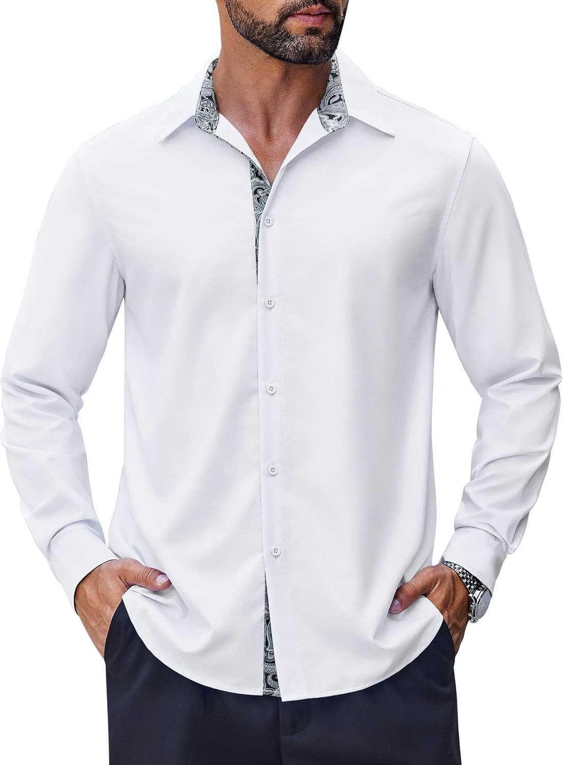 Coofandy Men’s Long Sleeve Wrinkle Mens Free Dress Shirts Inner Contrast