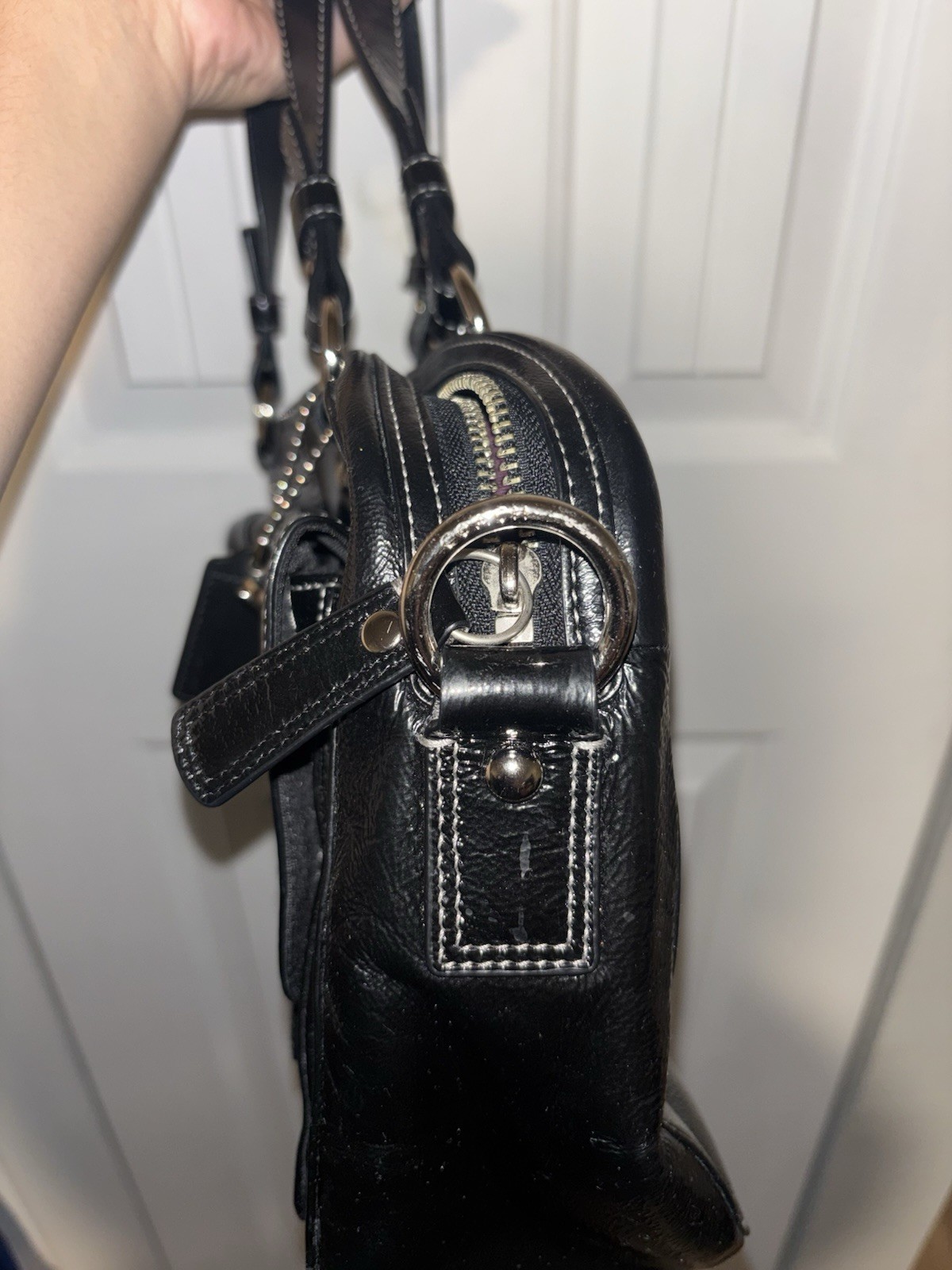 Coach Hampton Patent Black Satchel Top Handle Bag Purple Lining Pockets