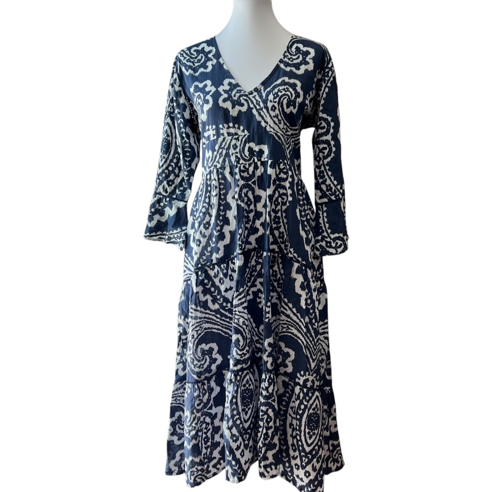 La Plage Dress Medium Midi 100% Cotton Bohemian Resort Cruise Vacation Crochet
