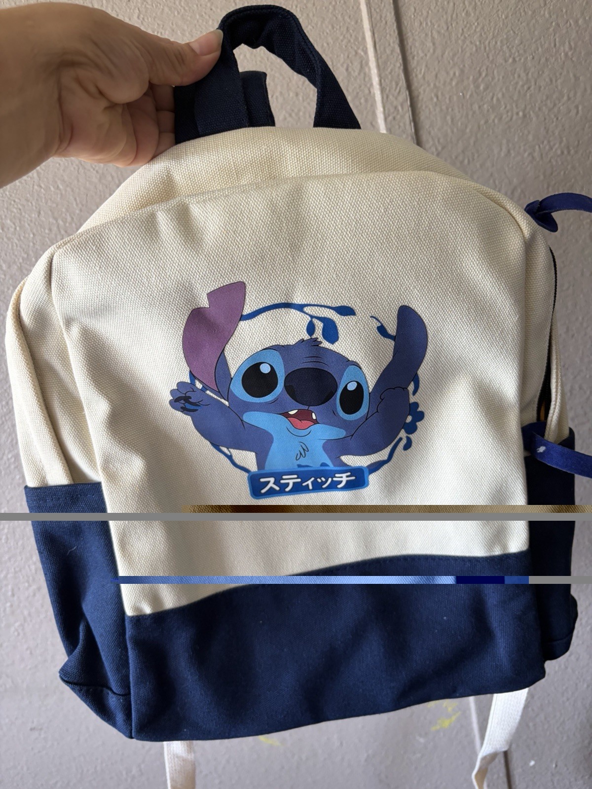 Disney Stitch Canvas Colorblock Backpack Beige/Navy Small Zip Adjustable