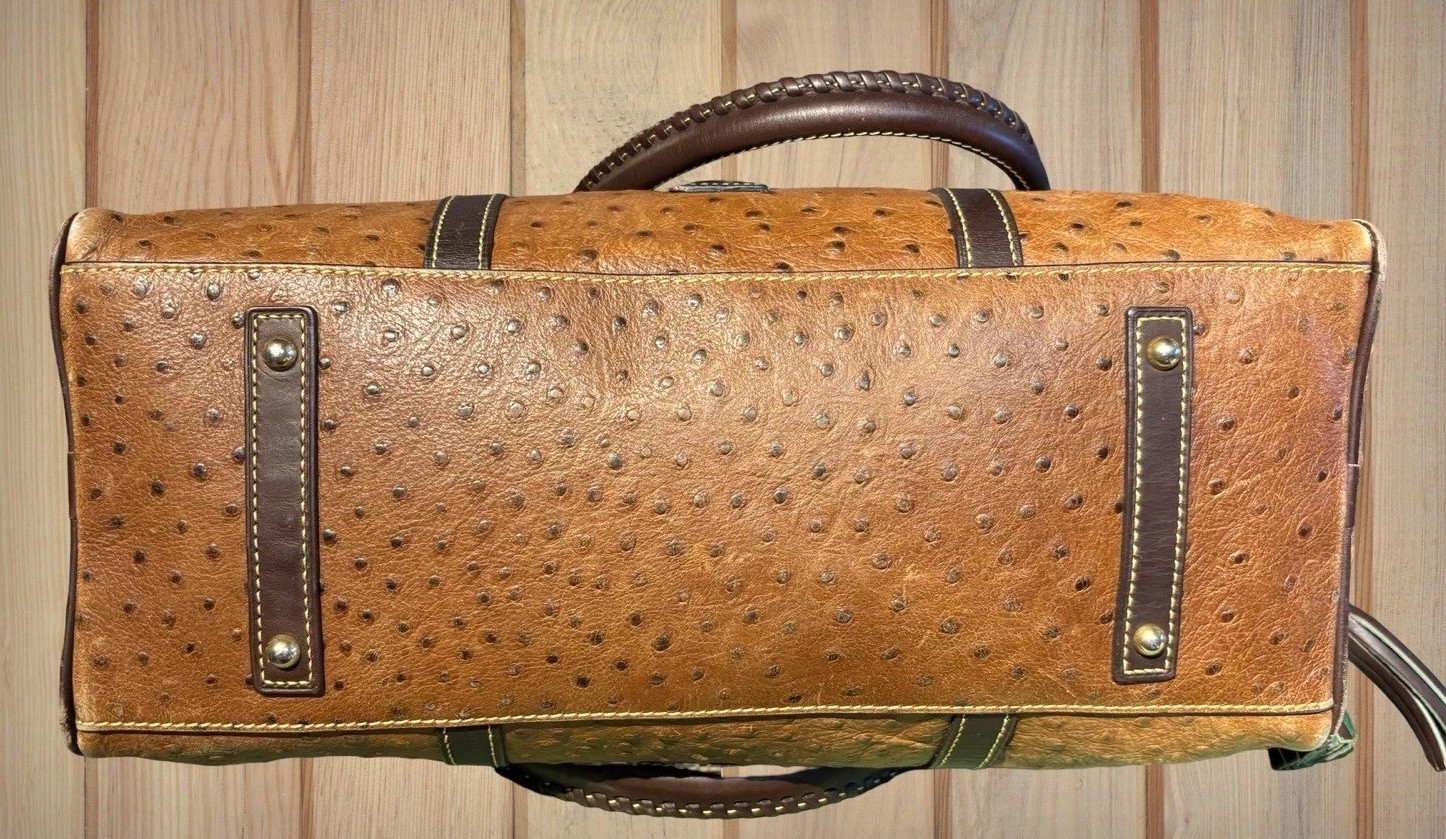 Dooney Bourke Chestnut Cognac Brown Ostrich Embossed Leather Large Satchel Bag