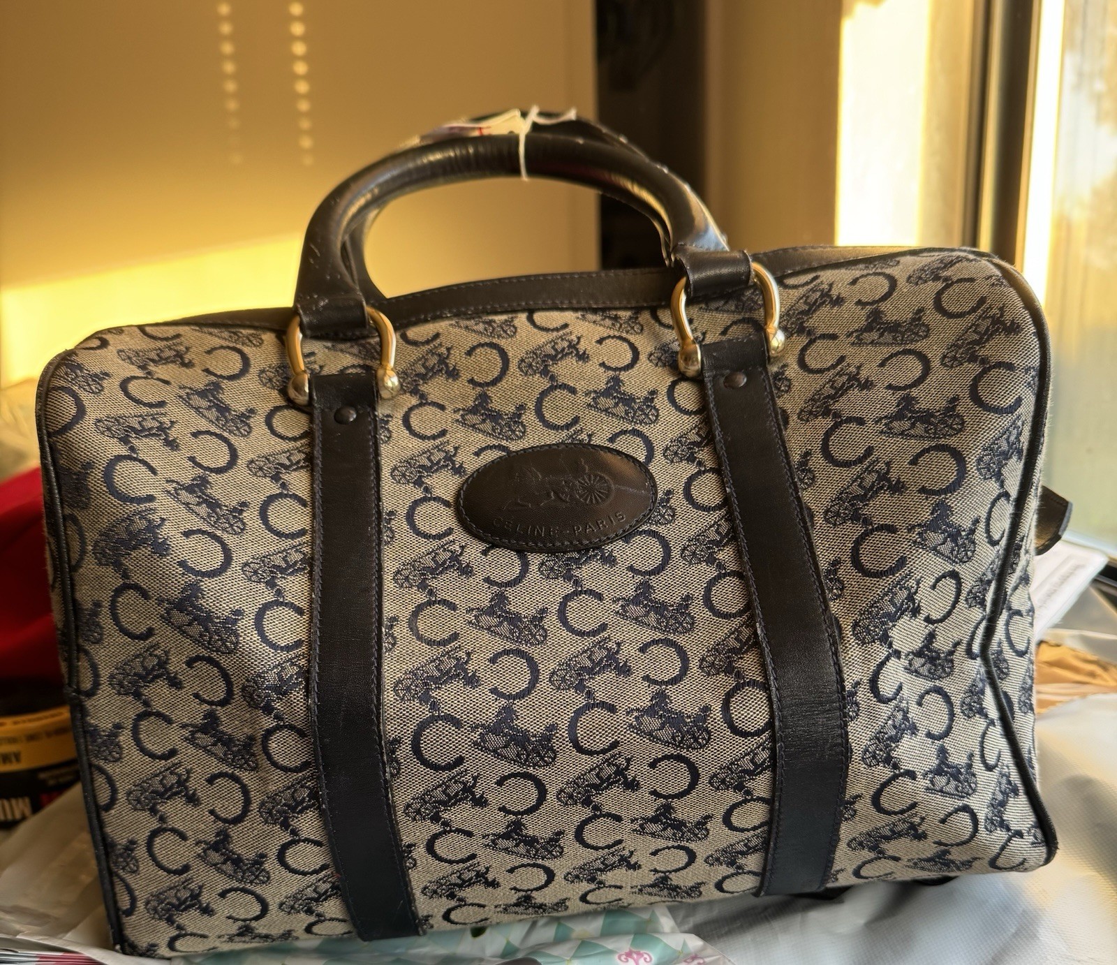 CELINE C Macadam Hand Bag Canvas Navy