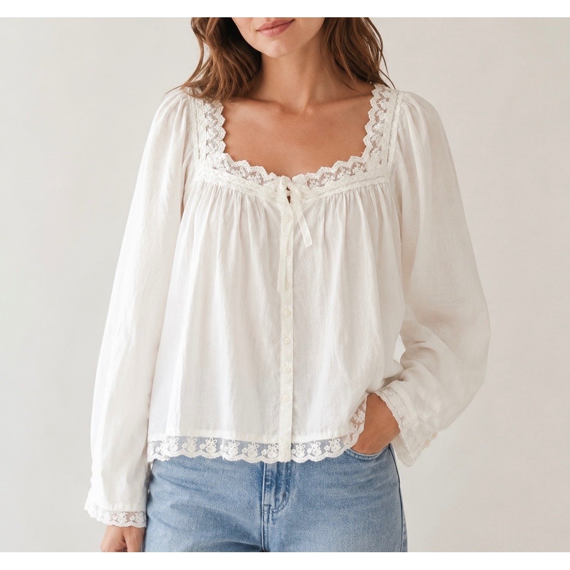 Natural Life Blouse NEW Lace Trim Cottagecore Boho Button Front White Large