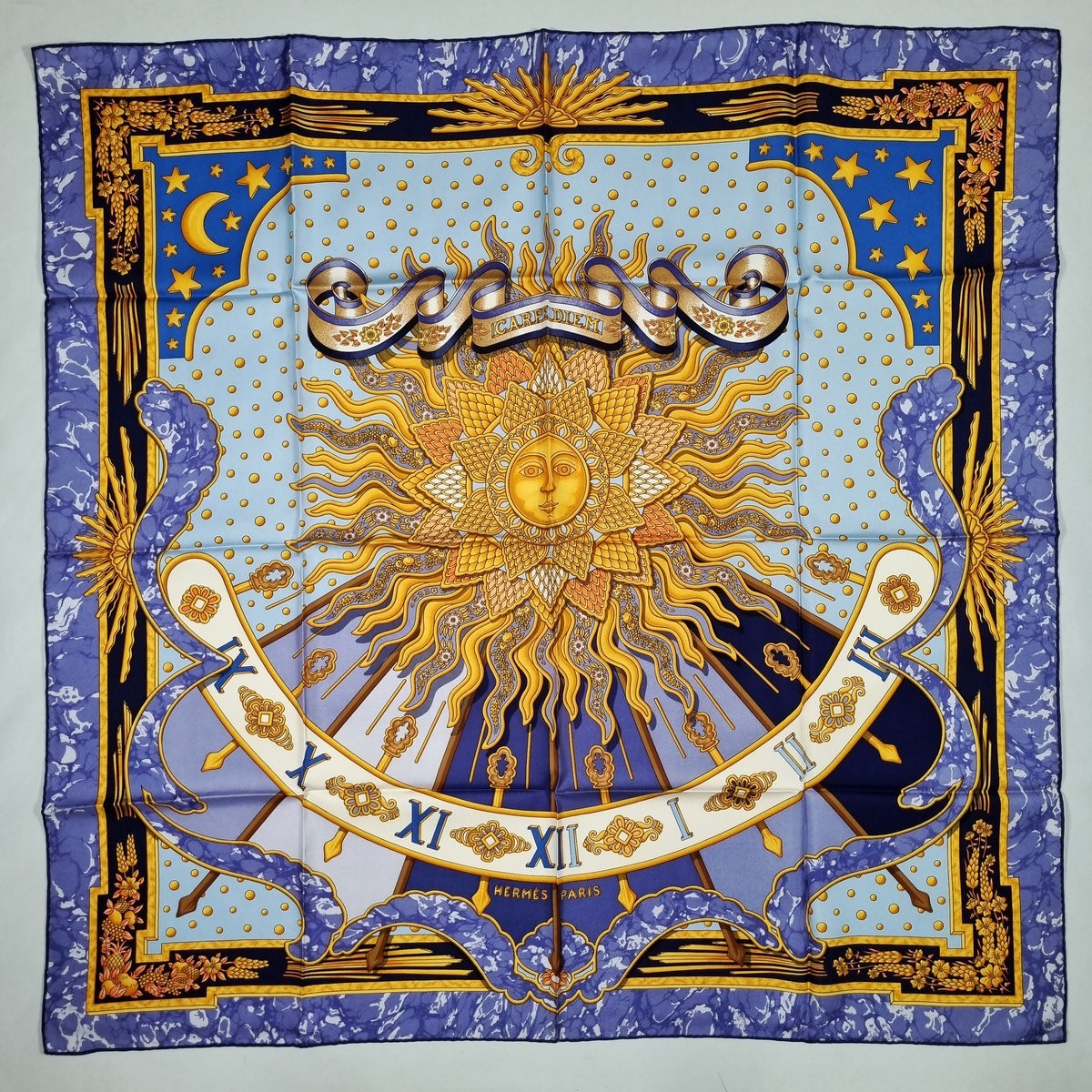 RARE VINTAGE HERMES Silk Scarf “Carpe Diem” Carre 90 designed by Joachim Metz