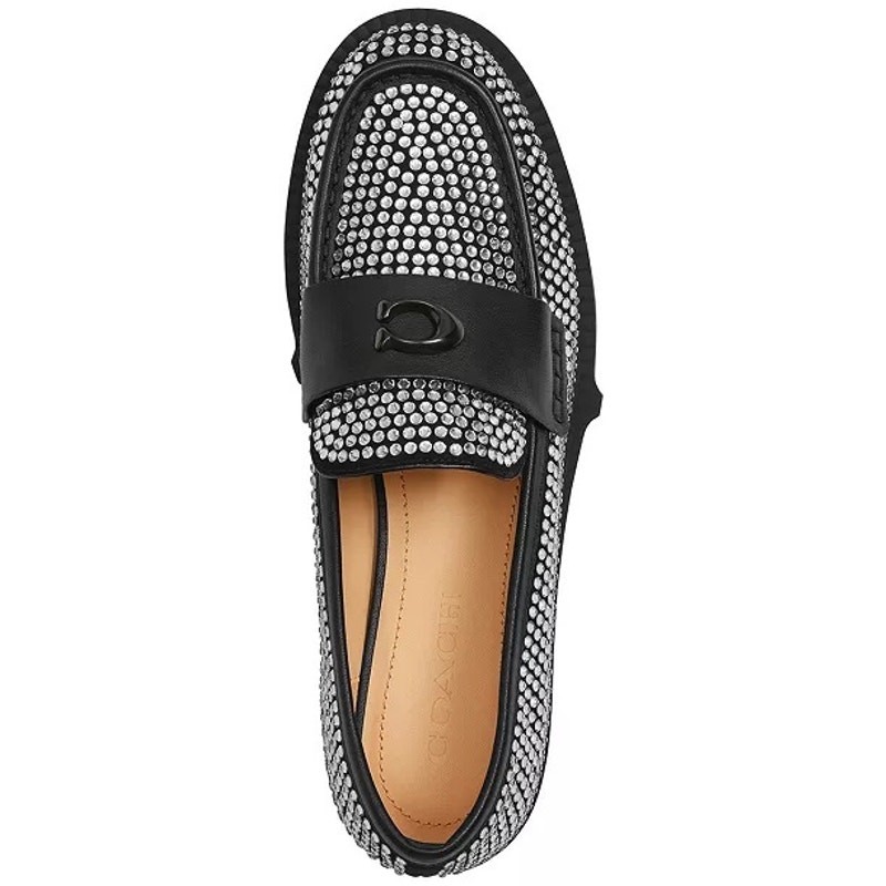COACH Size 8 1/2 Black & Silver Leah Crystal Studded Platform Loafer Shoes NEW