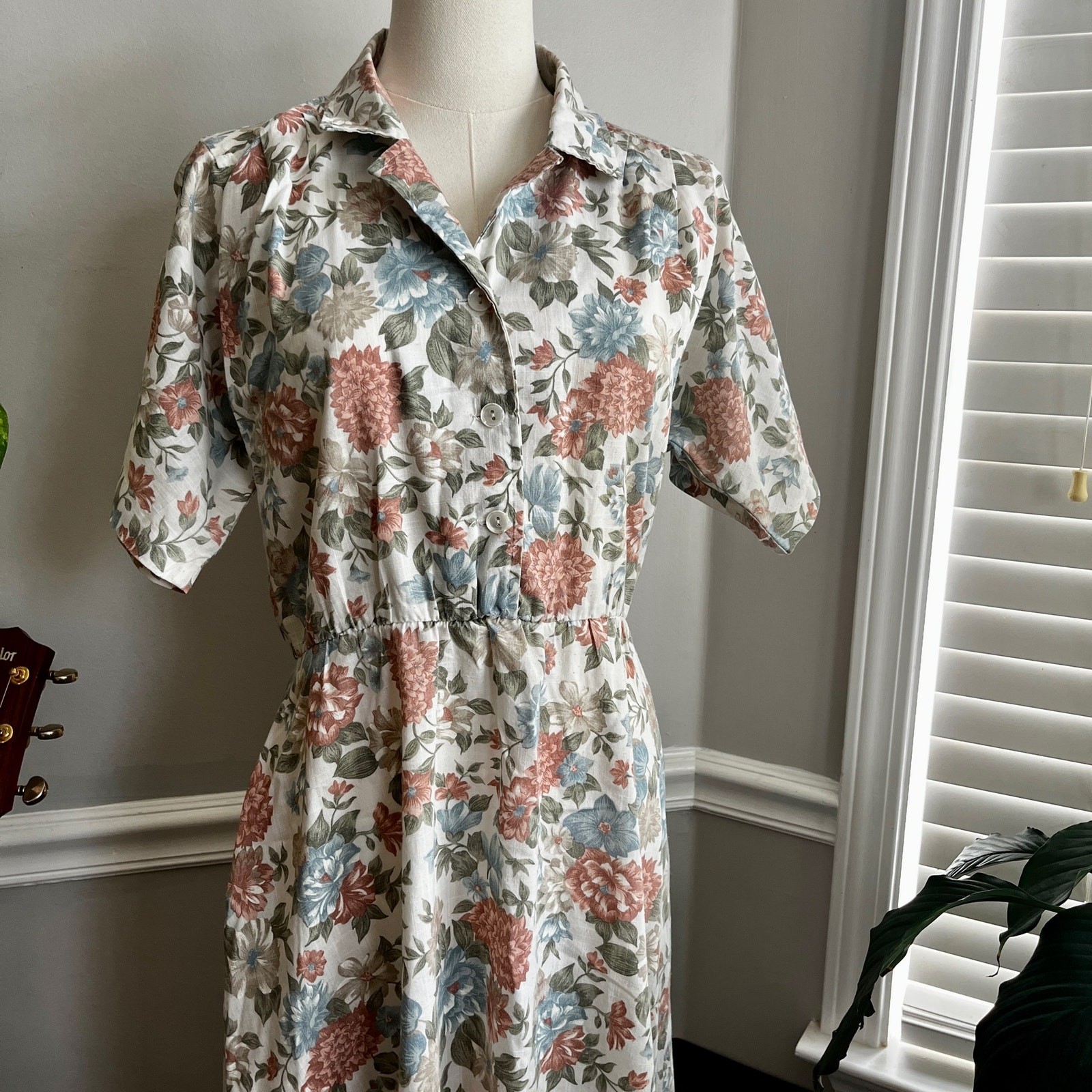 Vintage 90s Collared Dress Neutral Mauve Blue Floral Bohemian Size Medium