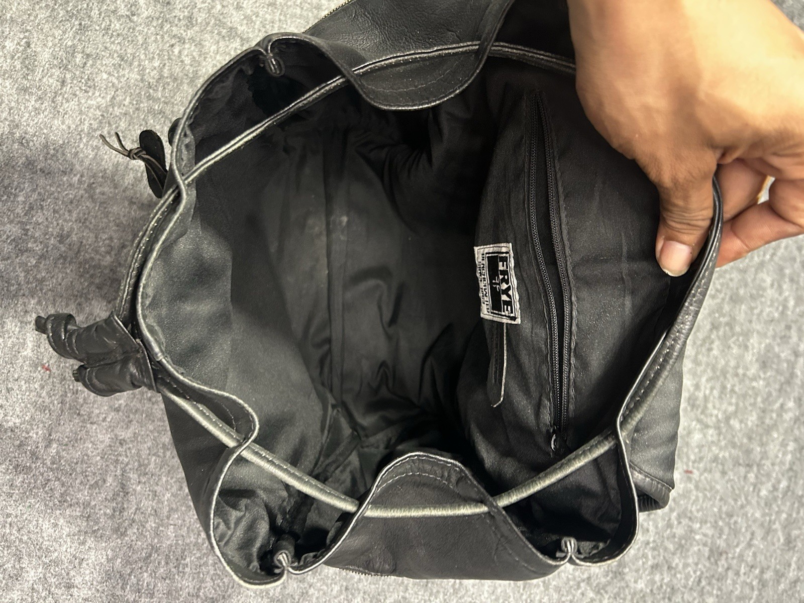 Frye Black Genuine Leather Drawstring Flap Large Backpack With Top Handle Unisex