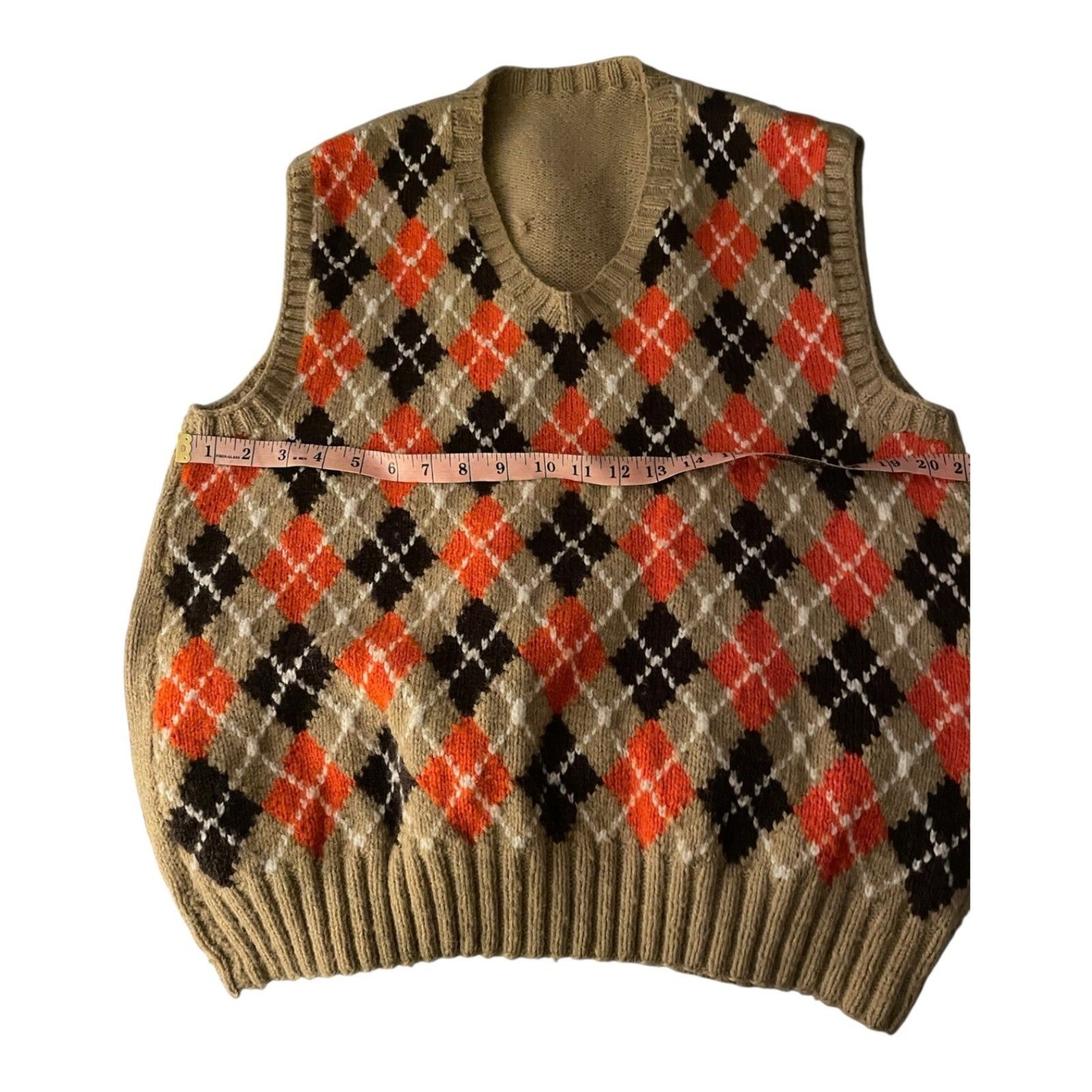 Vintage Handmade Wool Blend Argyle Grandpa Sweater Vest Tan Orange Black L
