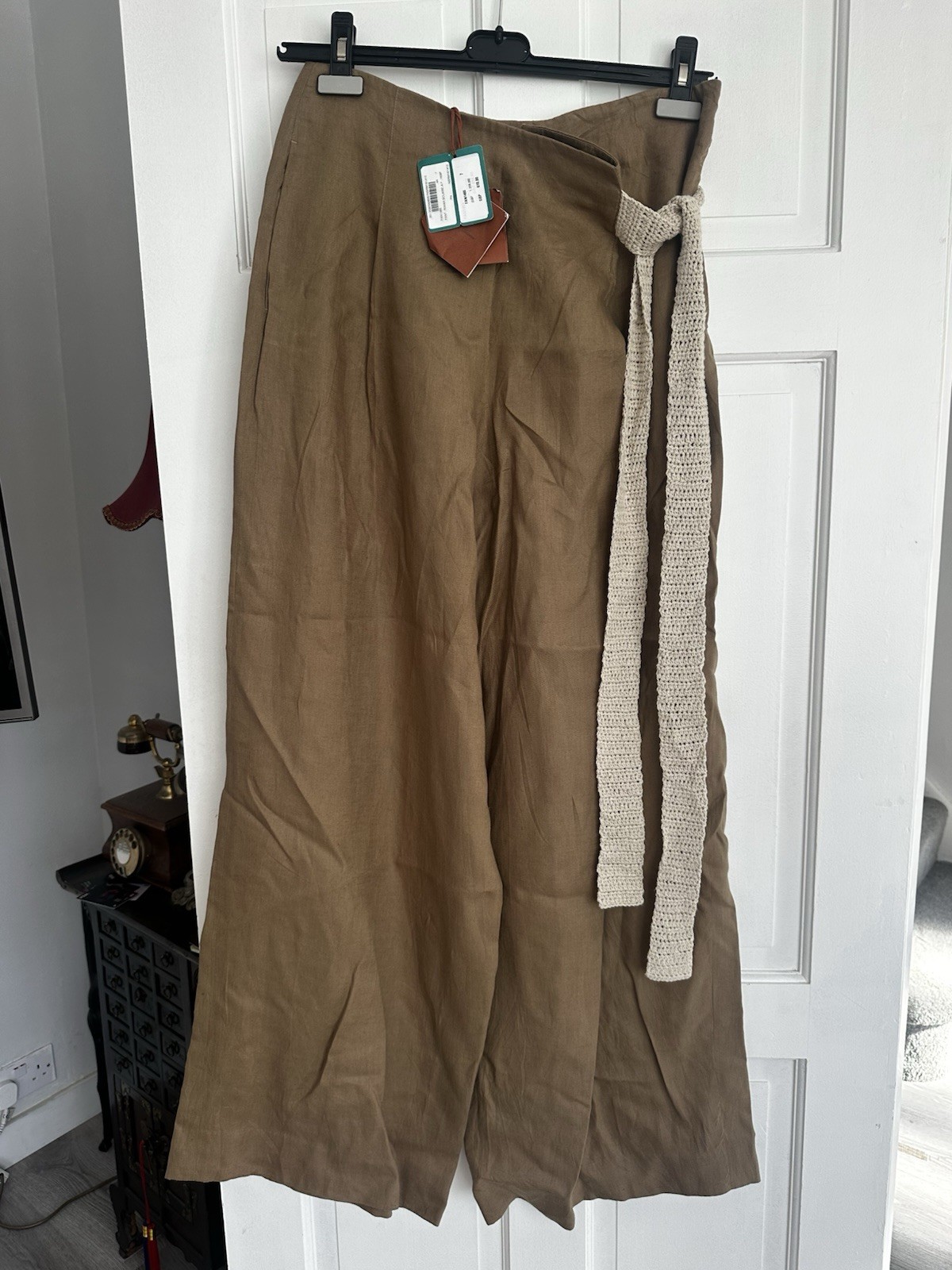 Loro Piana Riwan Solaire Wide-Leg Linen Trousers Khaki Crochet Belt Size 44 IT