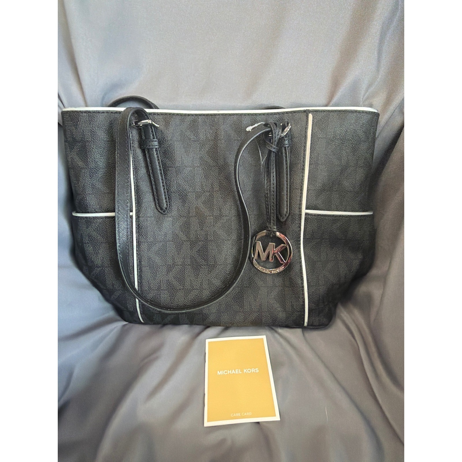 Michael Kors Black Monogram Tote Bag White Piping Signature MK Logo Shoulder Bag