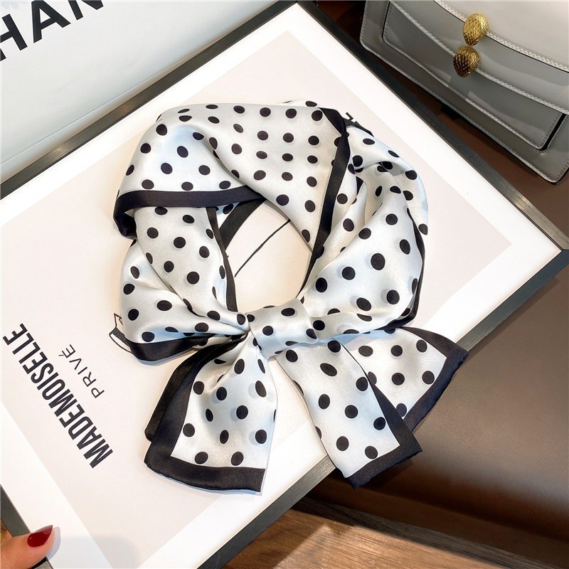 100% Silk Long Scarf Women Fashion Black White Polka Dots Neckerchief 150*15cm
