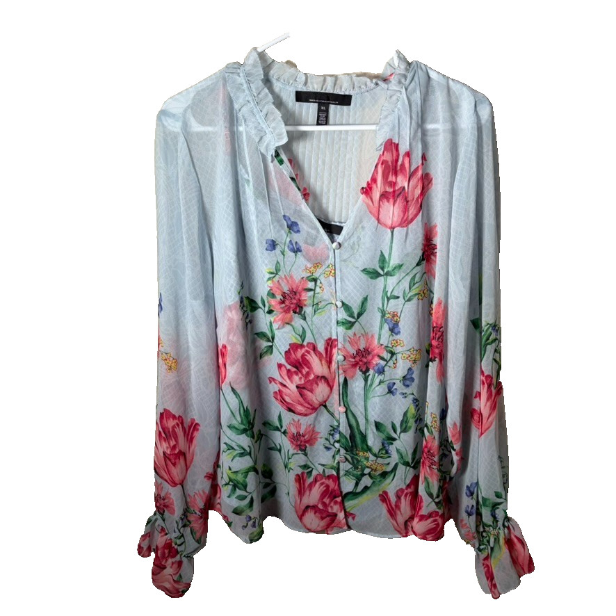 White House Black Market Blouse Women’s XL Floral Blue Sheer Cami Button Up Top
