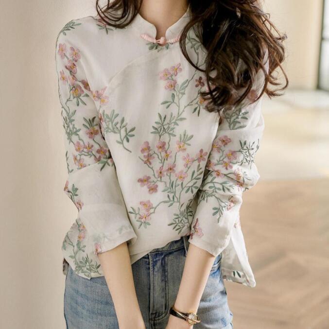 New Summer Women Chinese Style Floral Blouse Long Sleeve Buckle Print Tops Thin