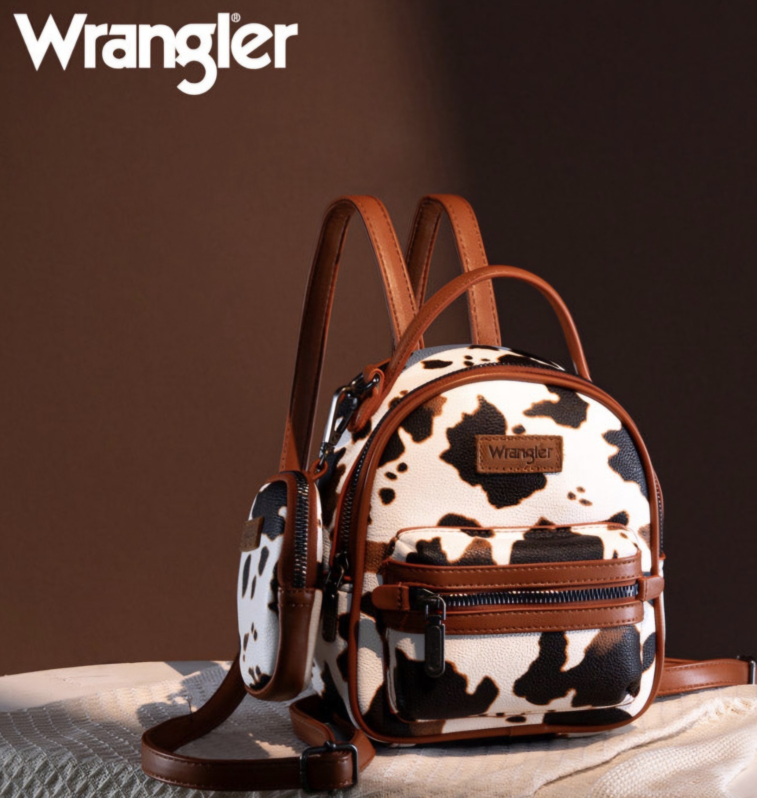 Wrangler Cow Print Mini Backpack Brown Black White Zip Adjustable Strap Pouch