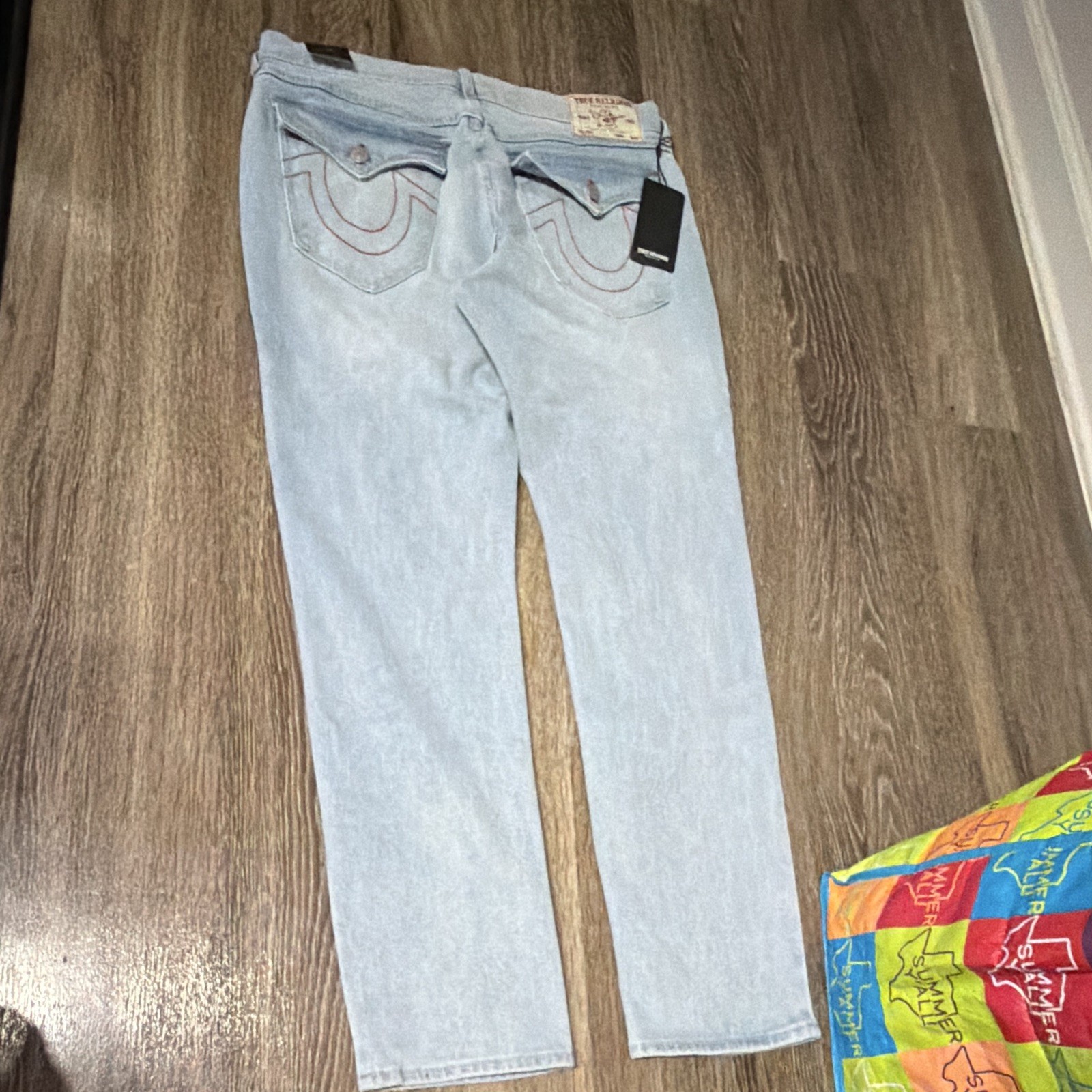 True Religion Men’s Relaxed Slim Blue Light Wash Denim Jeans, 5-Pocket