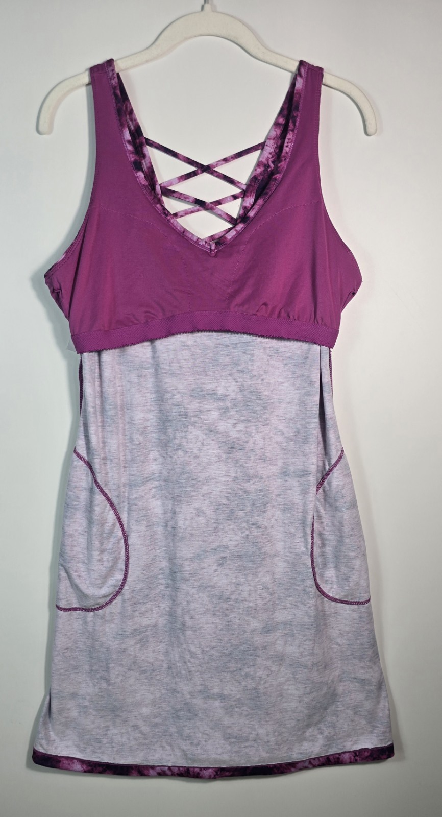 ZeroXposur Purple Gray Tie Dye V-Neck Sleeveless A-Line Dress Pockets L/G