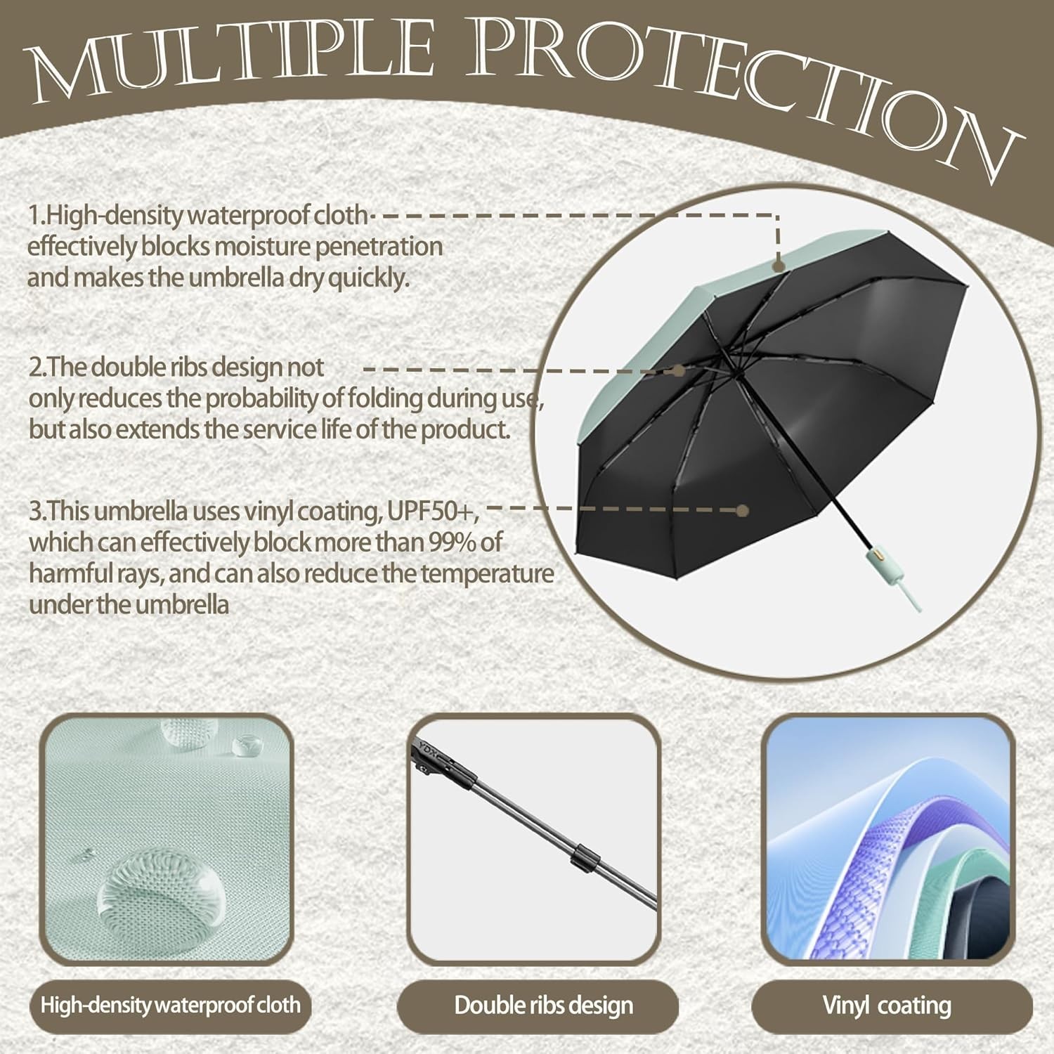 Travel Compact Folding Umbrella with 7CM Hook and Loop Strips/8Ribs