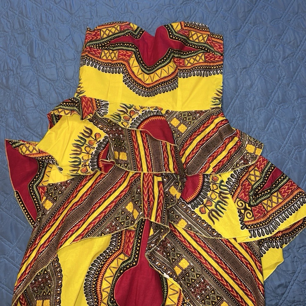 African Ankara Geometric Strapless Sweetheart Hi-Low Ruffle Dress One Size