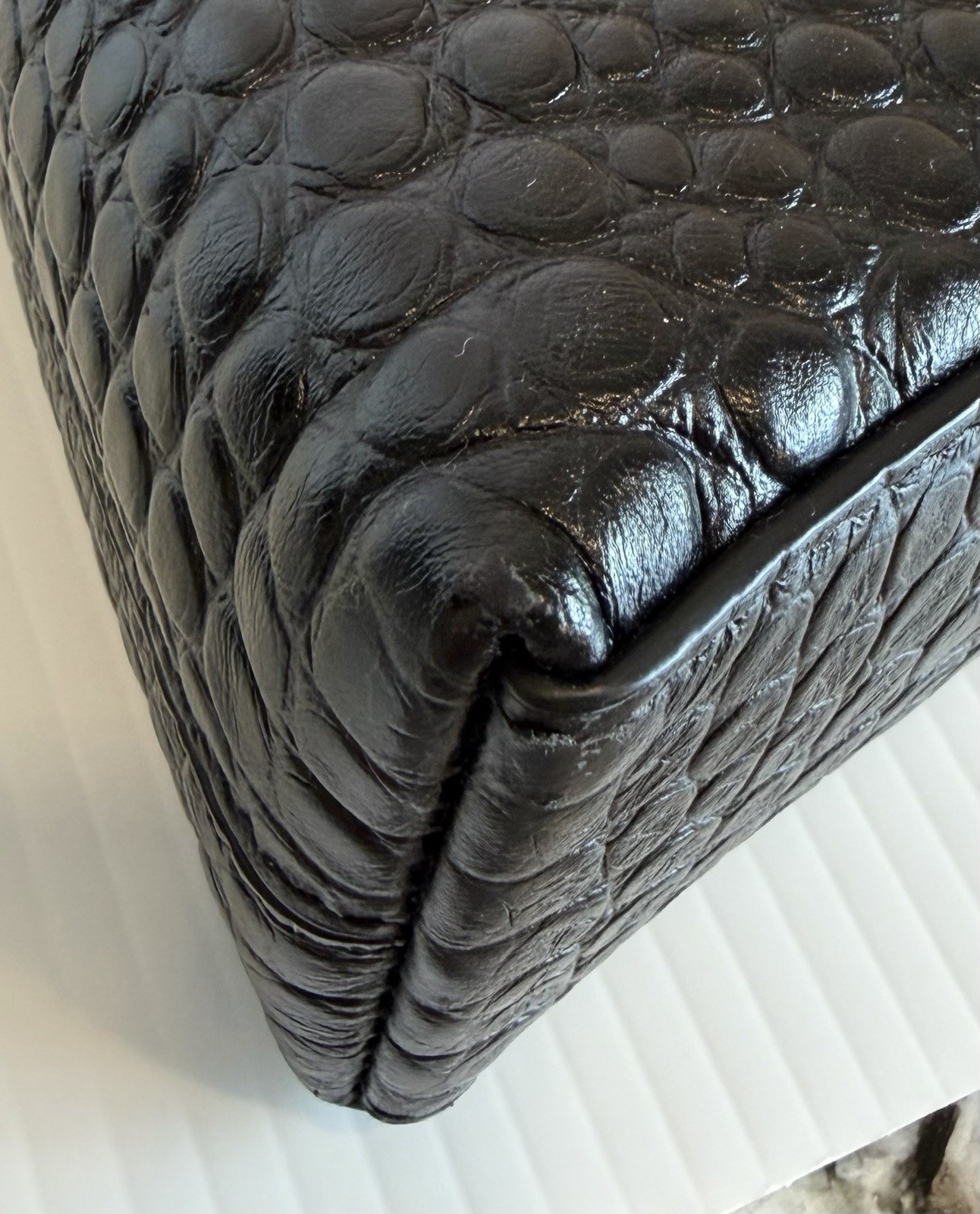 Pre Owned Black Croc Embossed Leather Balenciaga Shoulder Crossbody Handbag VGUC