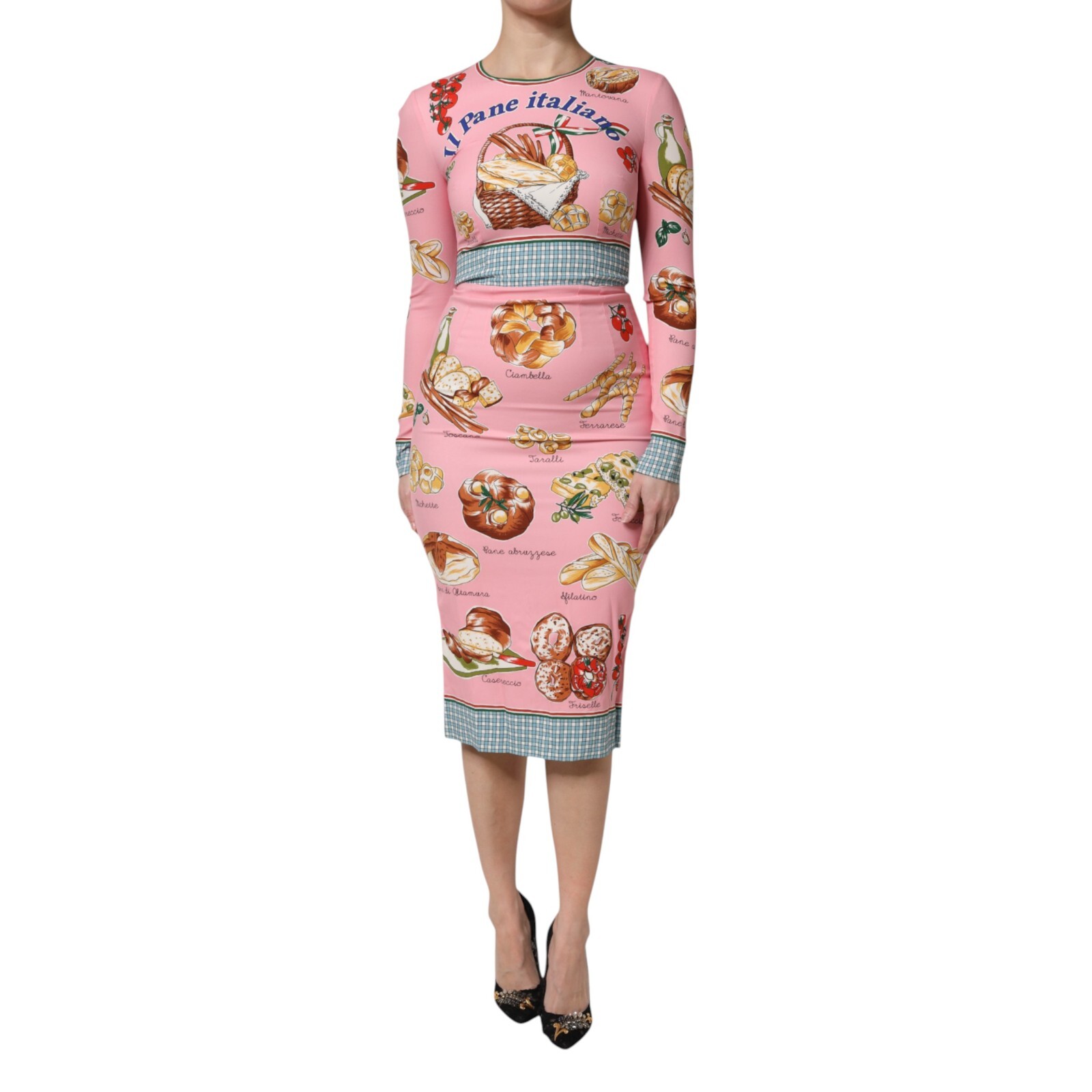 DOLCE & GABBANA Dress Pink Pastry Print Bodycon Sheath Midi IT46/US12/XL 2780usd