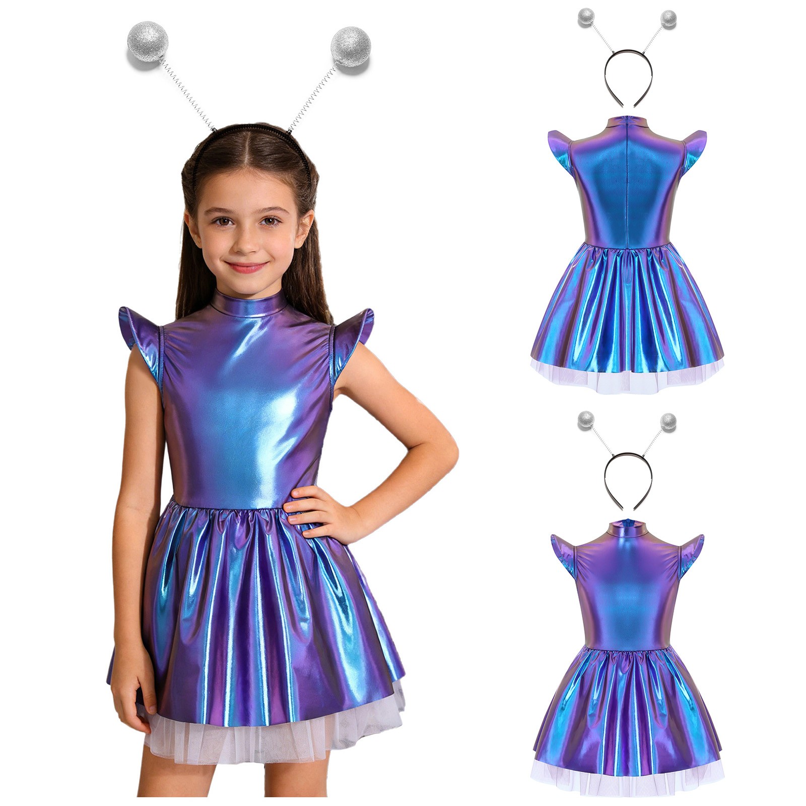 US Kids Alien Costume 2Pcs Alien Dress Up Metallic Dress Outerspace Robot Outfit