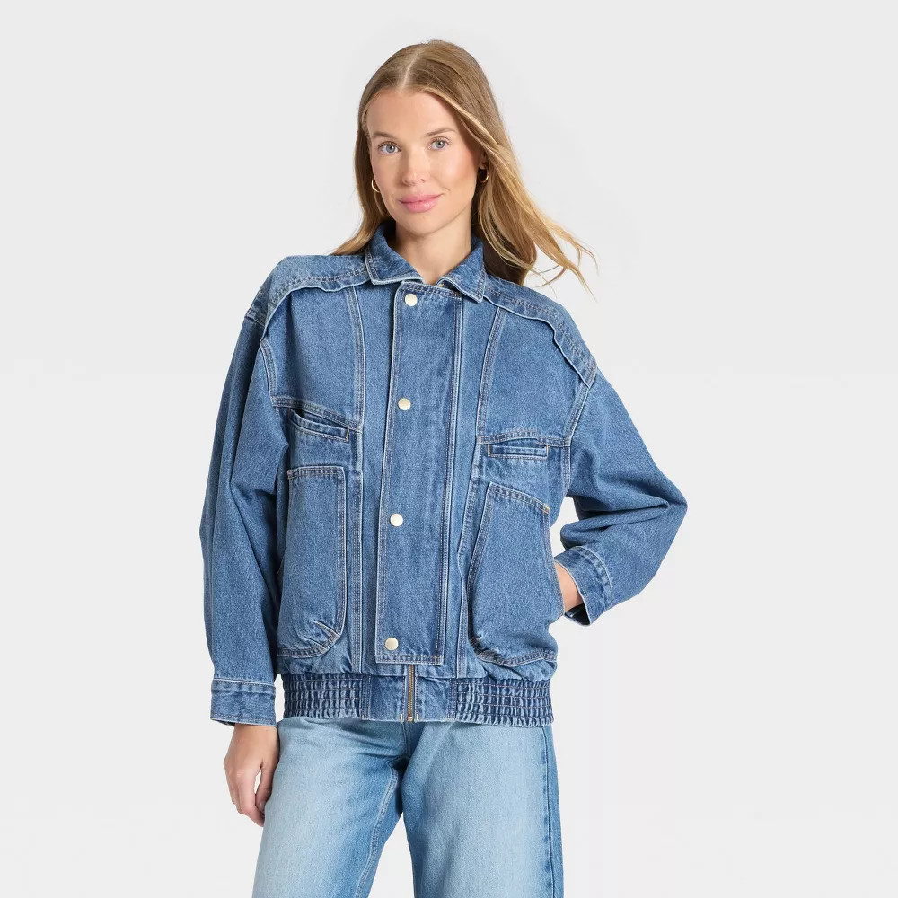 Women Relaxed Bomber Denim Jacket – Universal Thread Medium Wash S