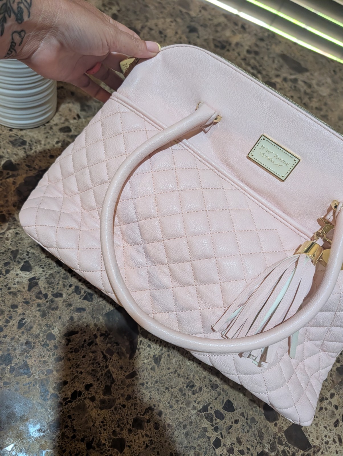 Betsey Johnson Pink Quilted Satchel Top Handle Bag Tassel Charm Zip Crossbody