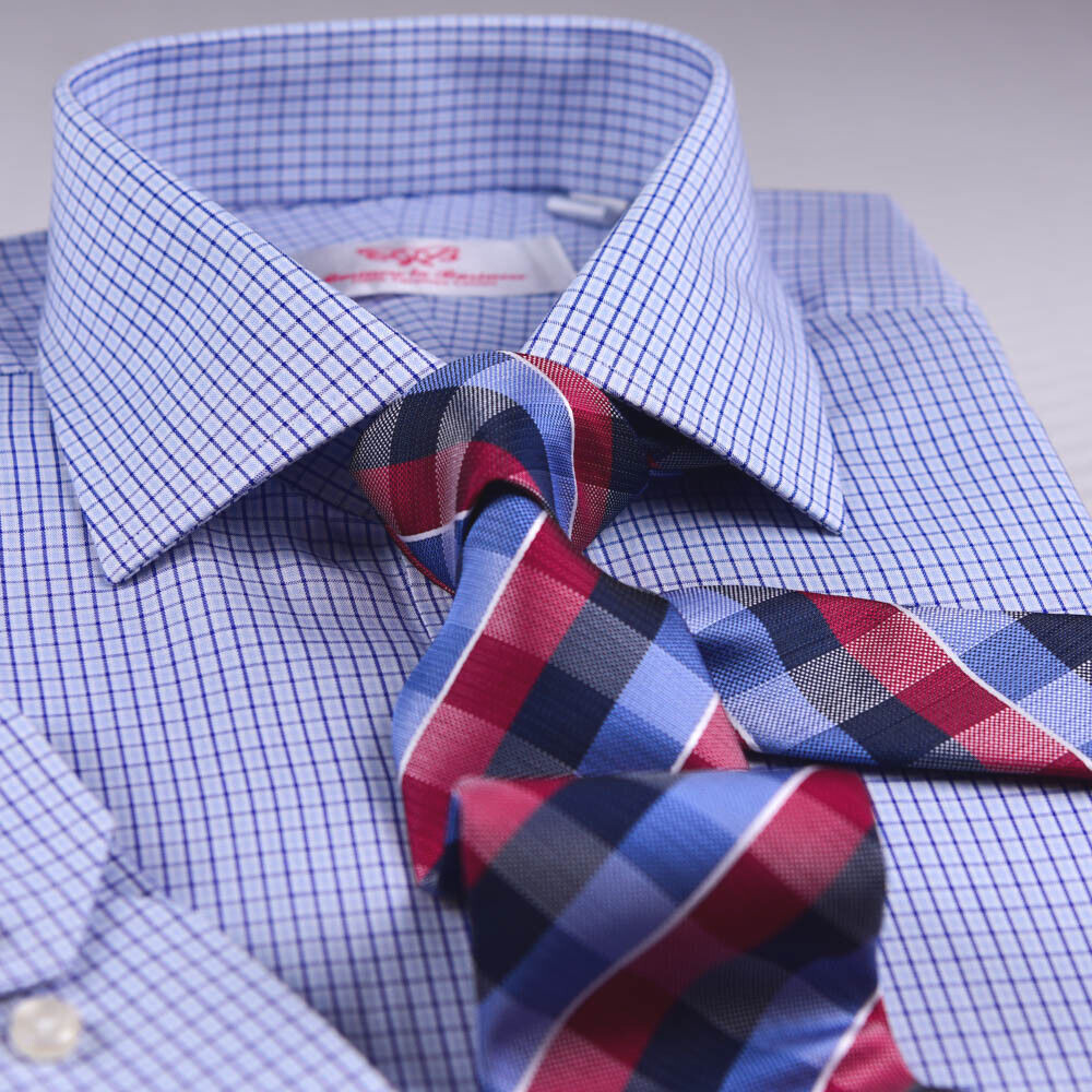 Light Blue Mens Formal Business Dress Shirt Plaids & Checks With Standard Cuff