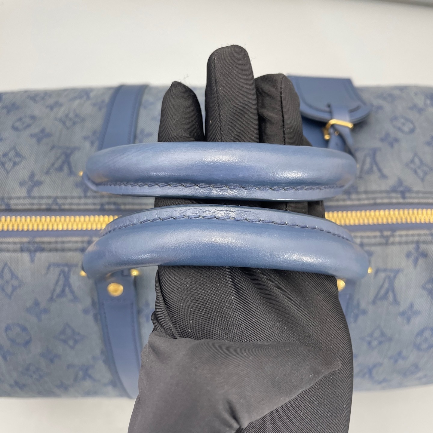 AUTH LOUIS VUITTON LV Keepall 50 Blue Denim Canvas Travel Duffle Bag.