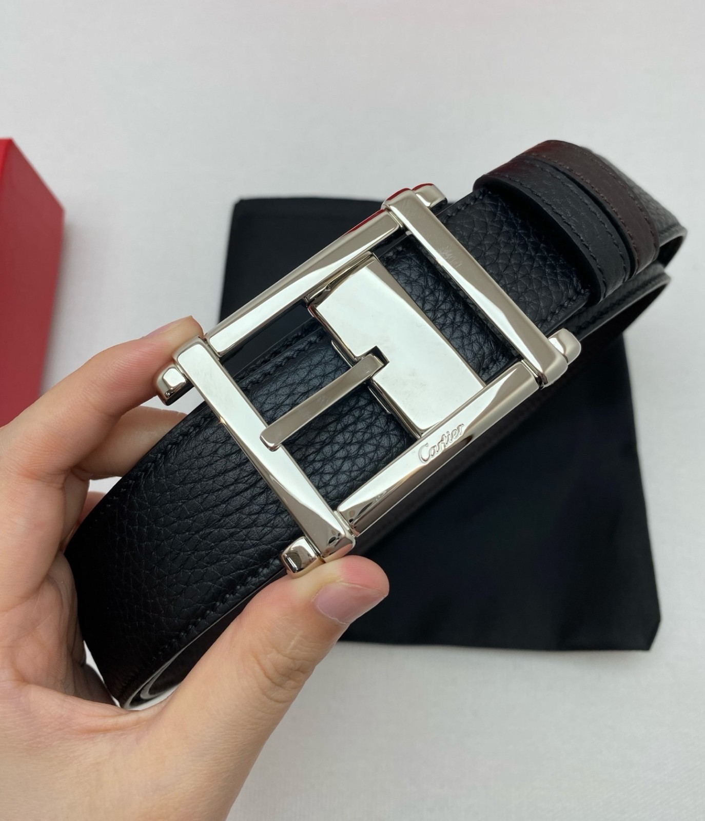 Cartier Black and brown double-sided cowhide men’s Silver buckle belt