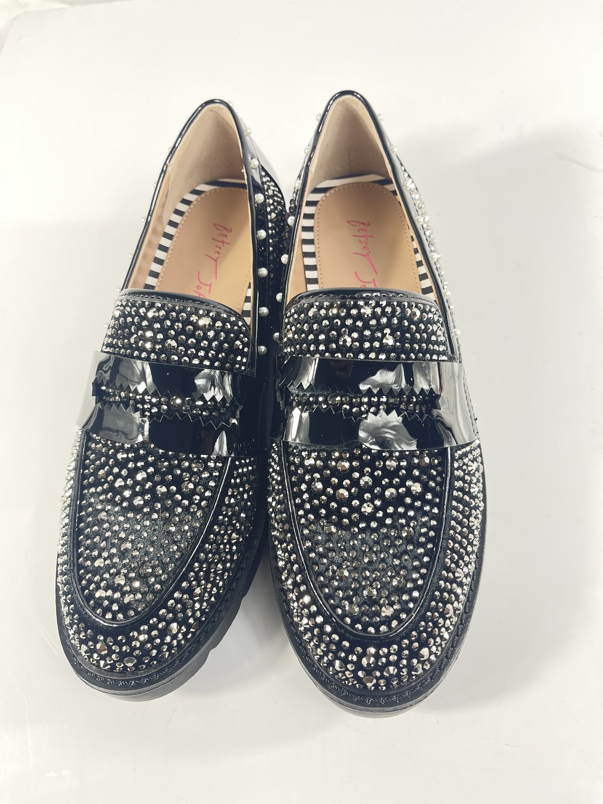 Betsey Johnson Shoes Womens Size 6.5 Black Rhinestone Loafers Studded Pearl Flat