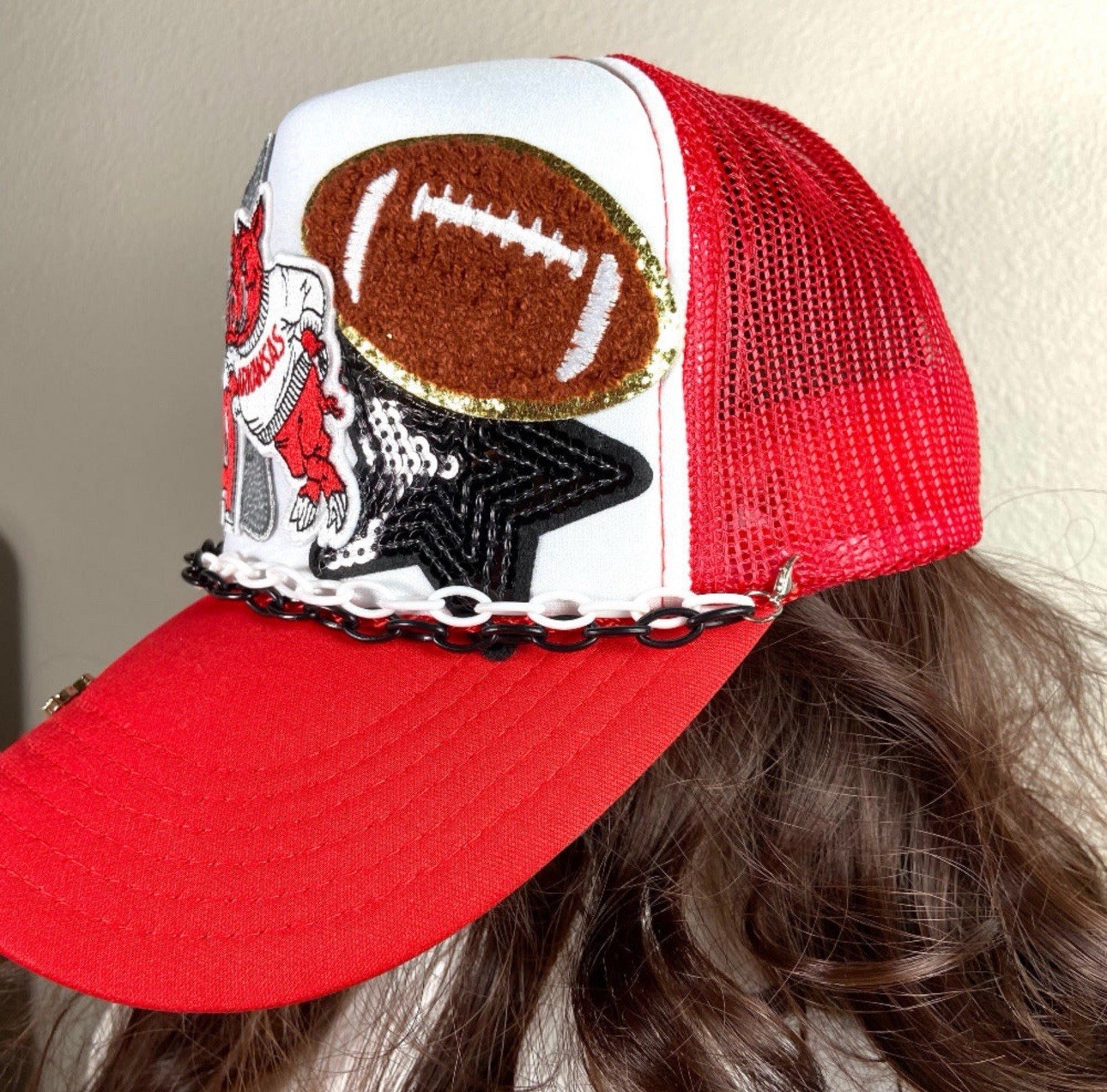 NEW Otto Trucker Hat RedWhite College Football Gameday Bling Rhinestone Snapback