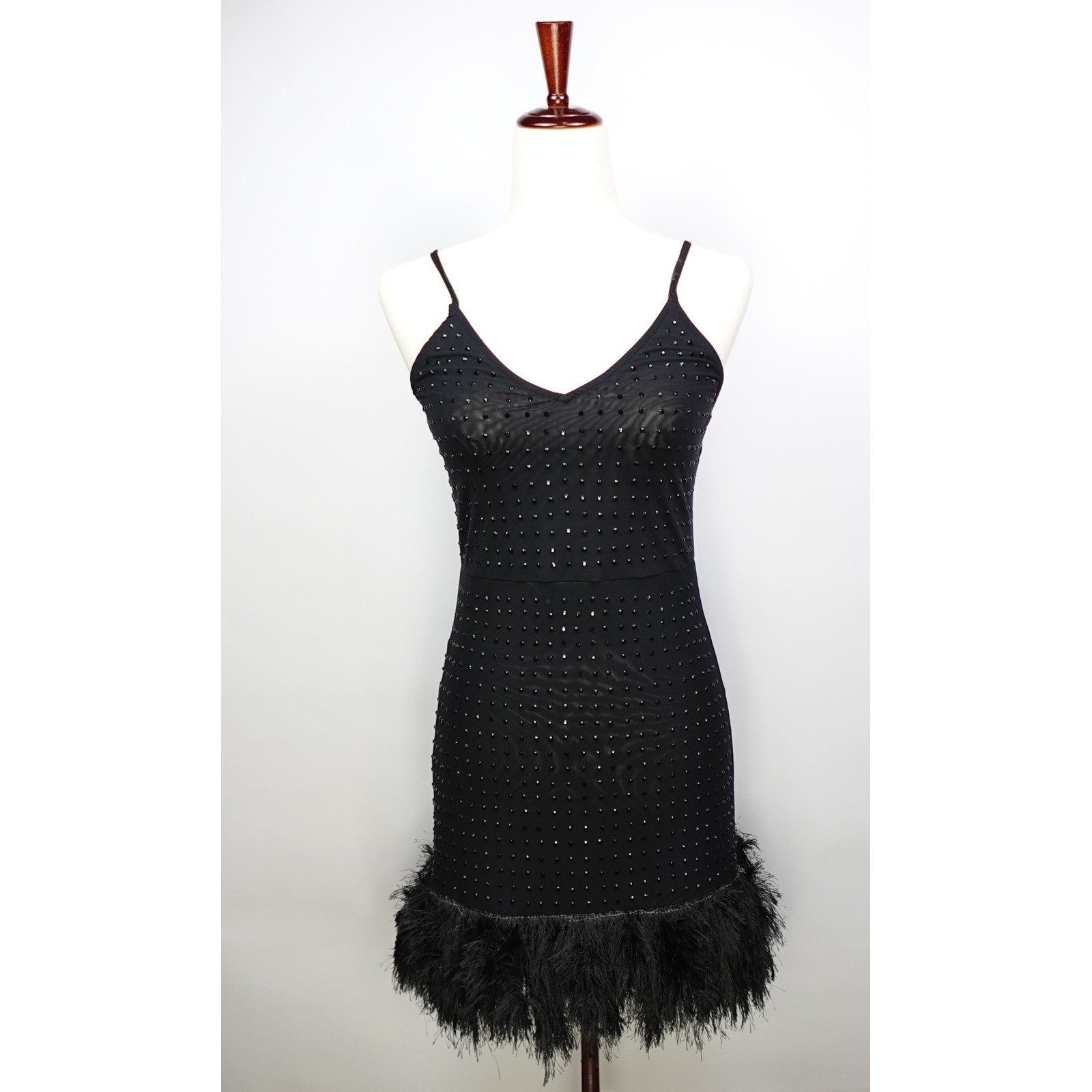 Miss Selfridge ASOS Black Embellished Cami Mini Dress Faux Feather Hem Studded