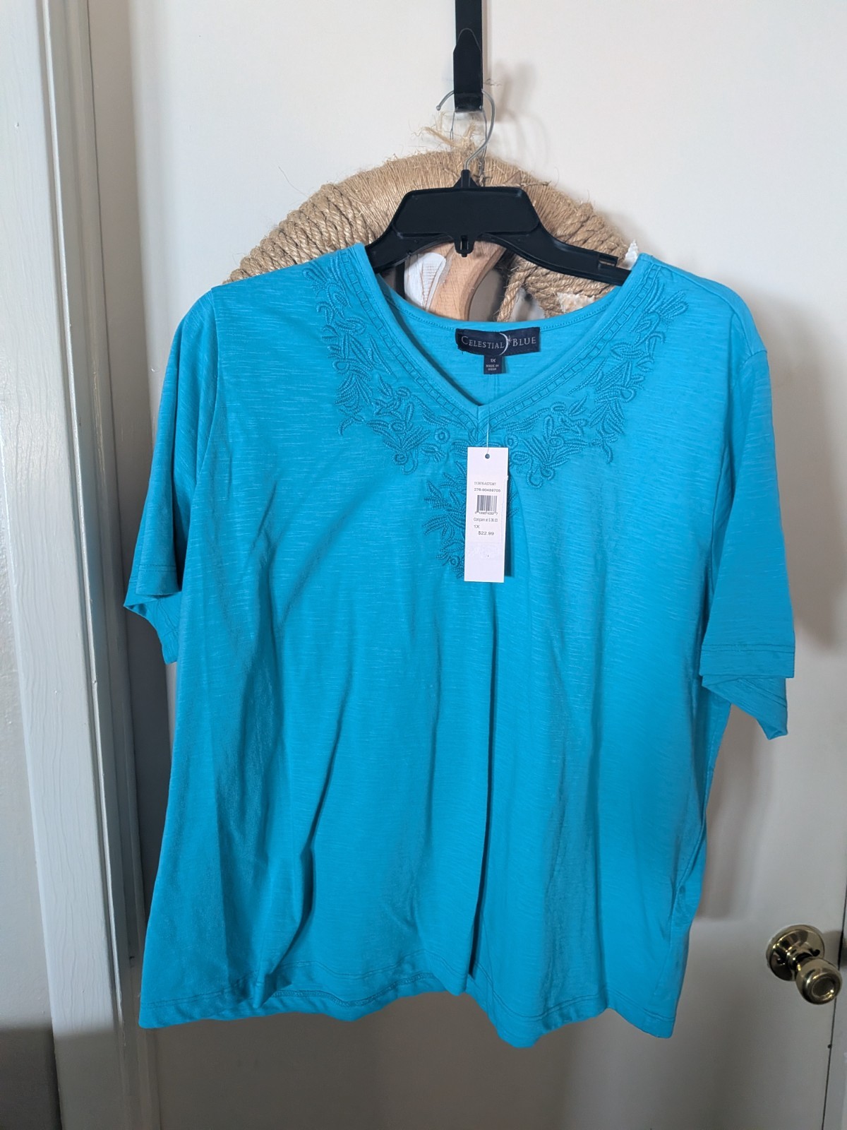 Celestial Blue 1X SS Emerald Blue Everyday Top Emb. Neckline Ladies New w/Tags