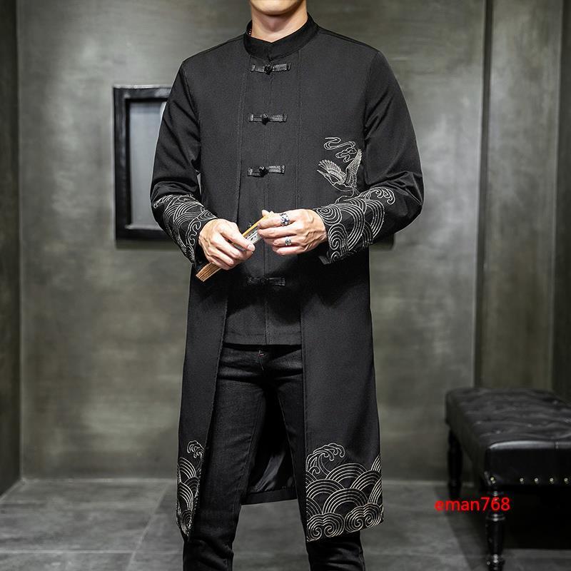 Chinese Style Tang Suit Jacket Mens Mid Long Buttons Slim Embroidery Coats Size