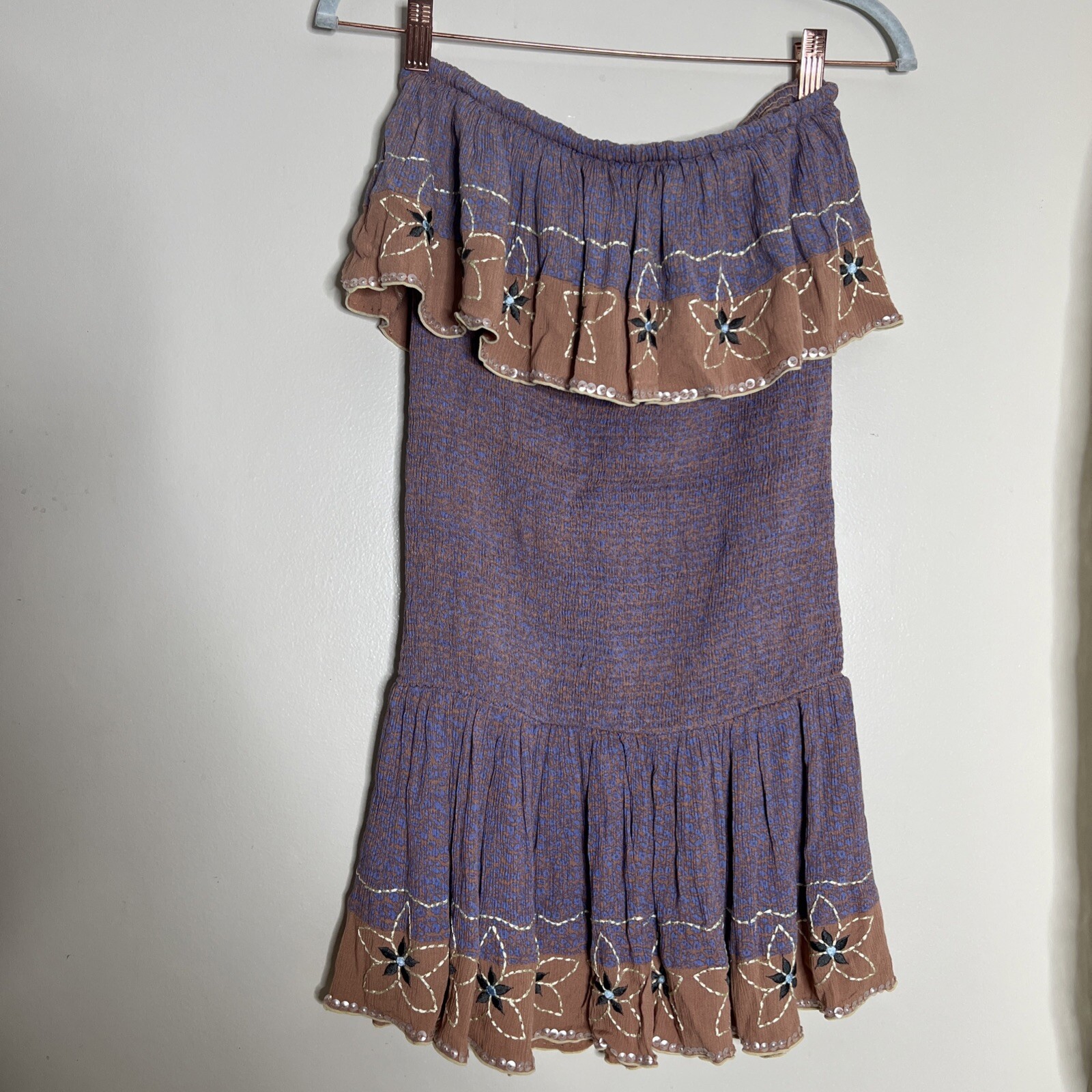 Free People Bali Chasing Dreams Smocked Drop waist Embellished Mini Slip Dress S