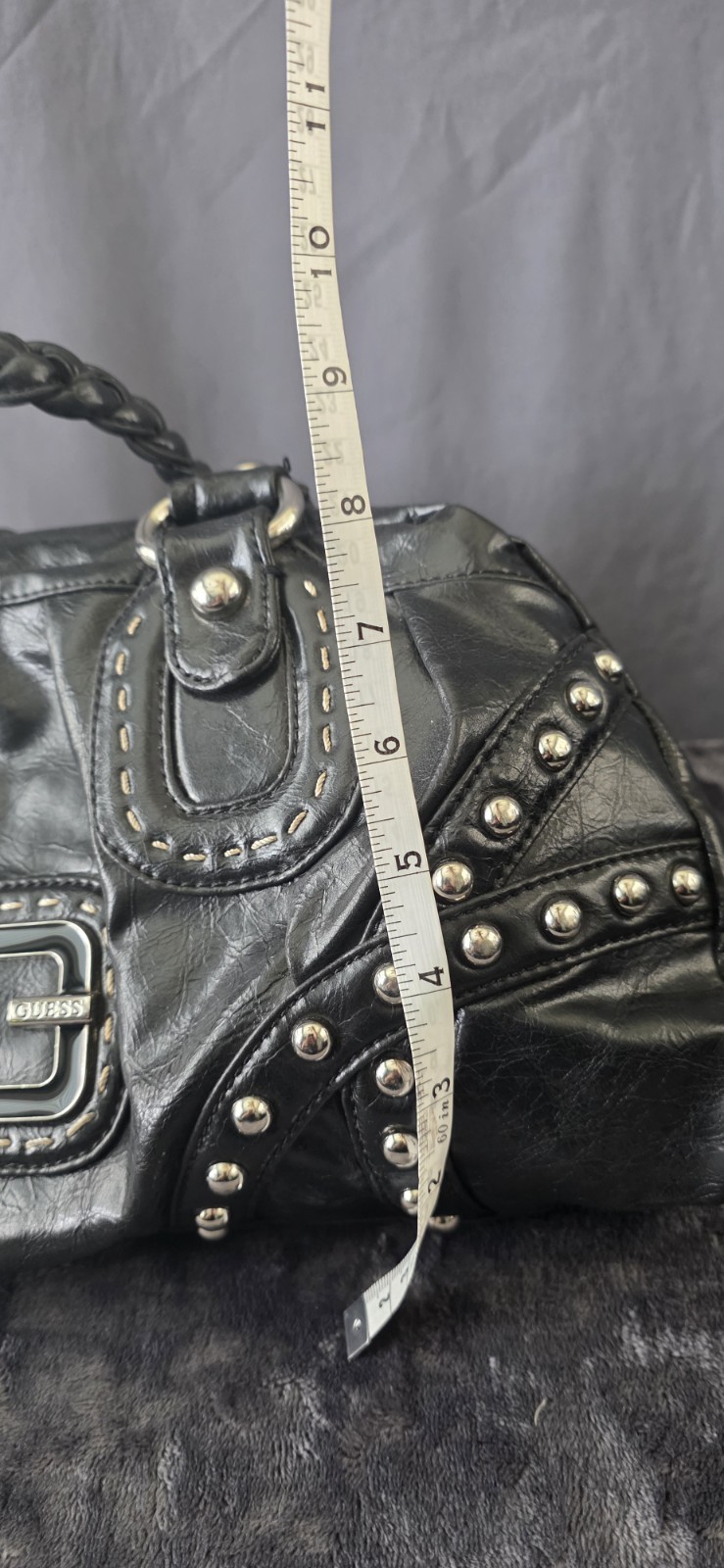 GUESS Black Logo Satchel Top Handle Bag Studded Silver Hardware Zip Closure