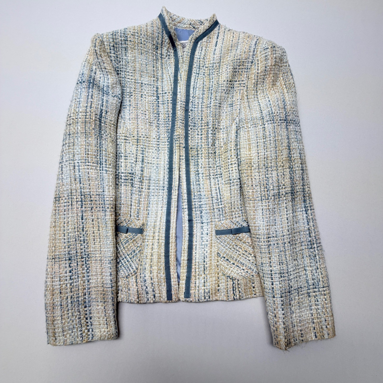 Jessica Howard Petite Blue Cream Tweed Skirt Suit Set Size 6P Bow Trim Vintage