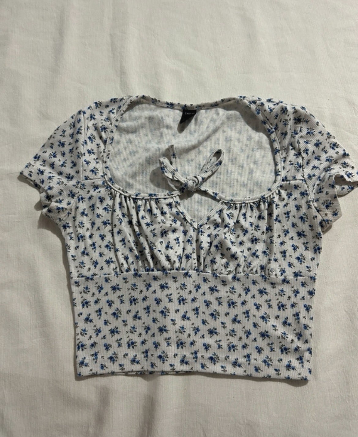 SHEIN White Blue Floral Knit Square Neck Short Sleeve Crop Blouse Tie Bow Ruffle