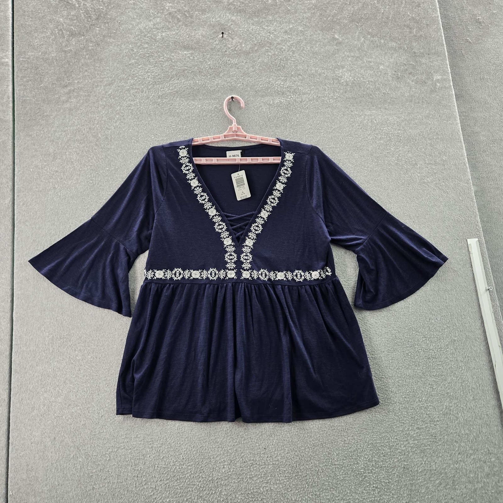 Torrid Women Blouse 1X Navy Blue Peplum Floral Embroidery V-Neck Babydoll