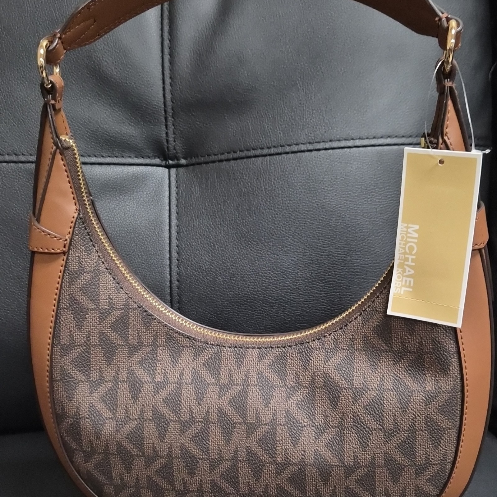 Michael Kors Small Brown Logo Hobo Shoulder Bag Zip Top Adjustable Strap Gold