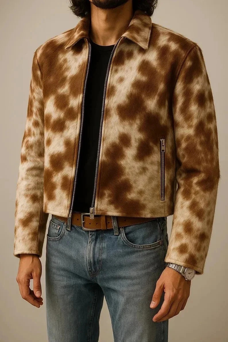 Handmade Cowhide Leather Western Jacket with Hair: Unisex Natural Brown &…
